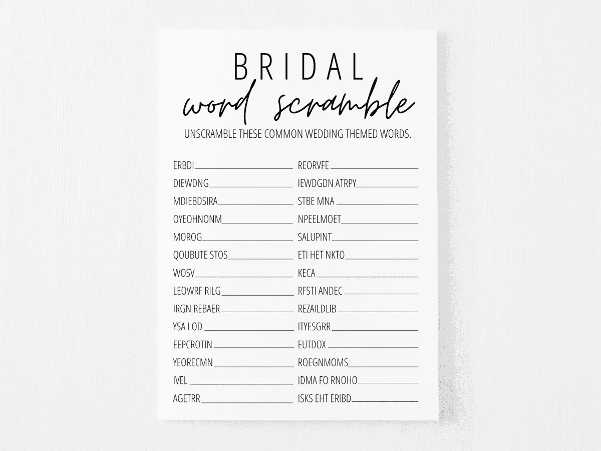 Bridal Shower Word Scramble Free Printable Modern MOH