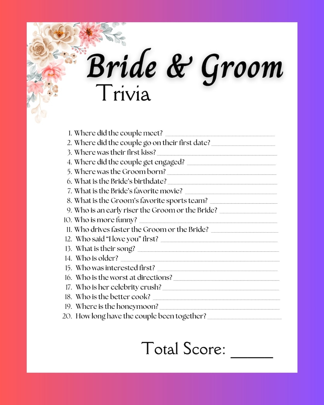 Bride And Groom Trivia Game Printable Bridal Shower Games Questions 