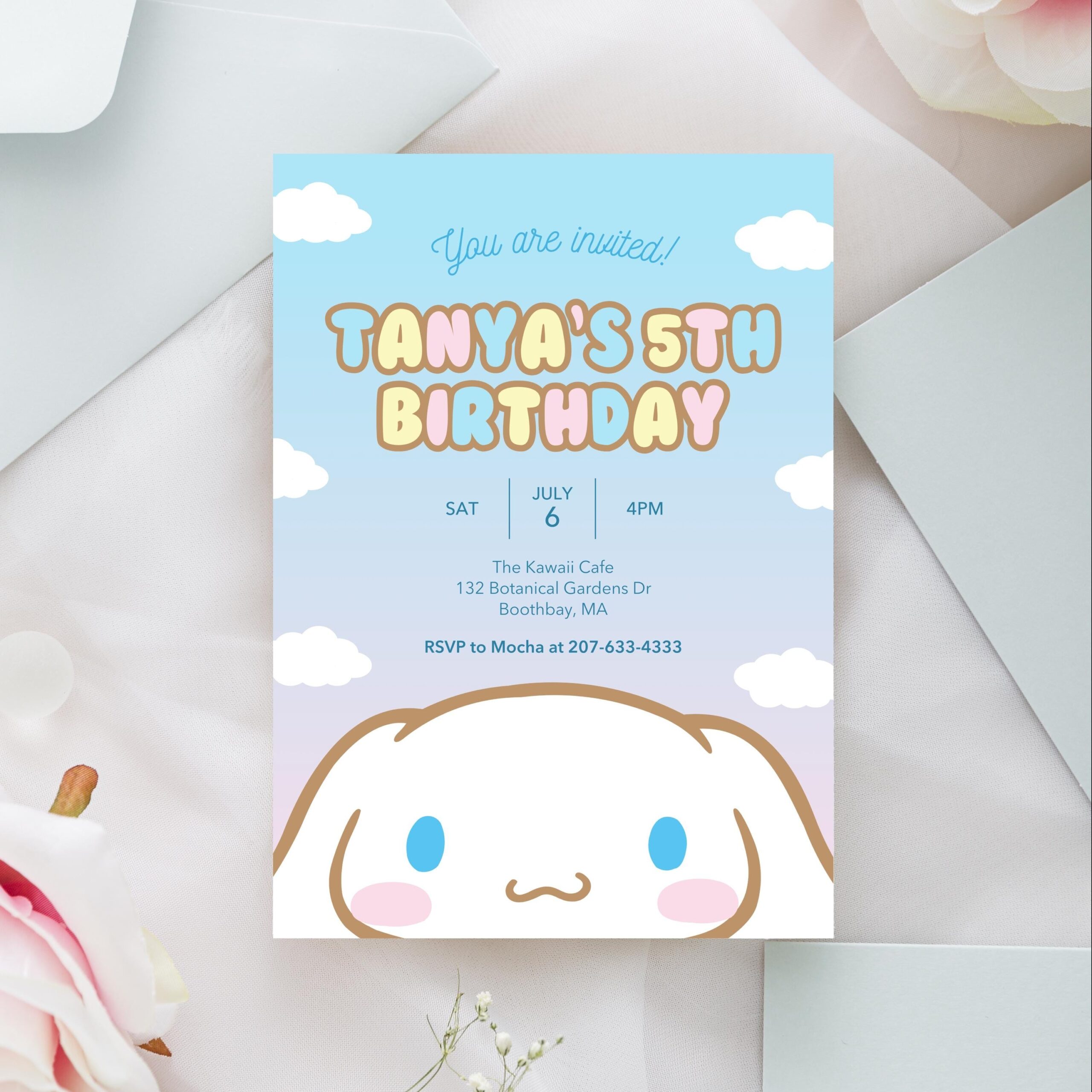 Cinnamo Roll Children s Birthday Invitation Template Kitty And Friends Party Kawaii Clouds Blue Editable Canva Custom Invite 001 Etsy