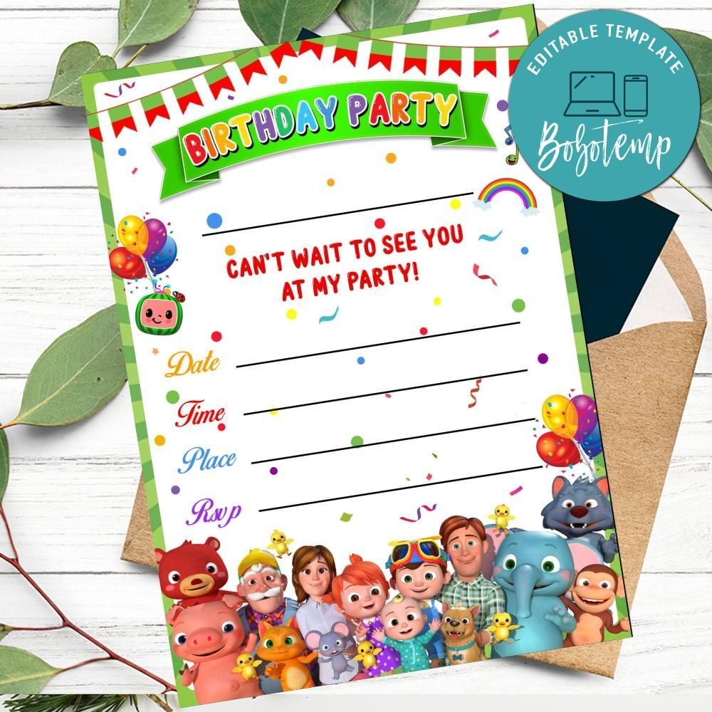 Cocomelon Fill In Blank Invitation Customizable Template DIY Bobotemp