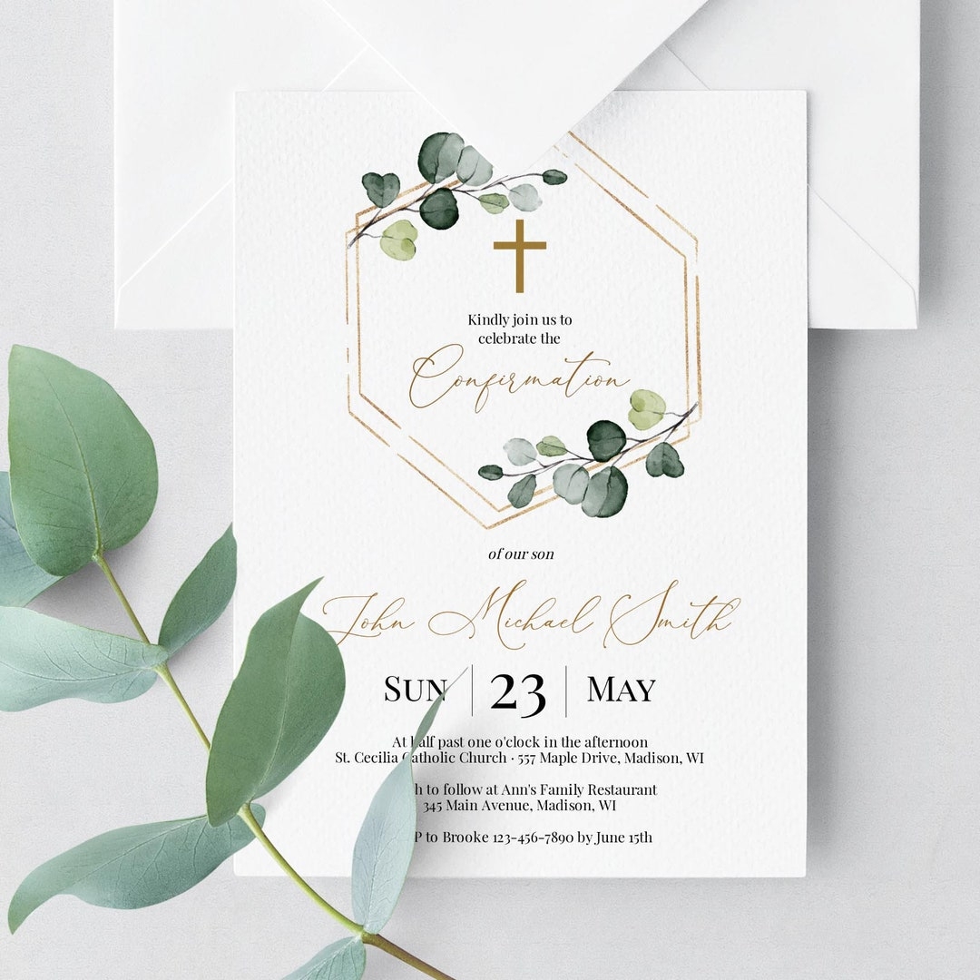 Confirmation Invitation Template Download Printable Confirmation Invitation For Boys Greenery And Gold Editable Invite Templett C22 Etsy