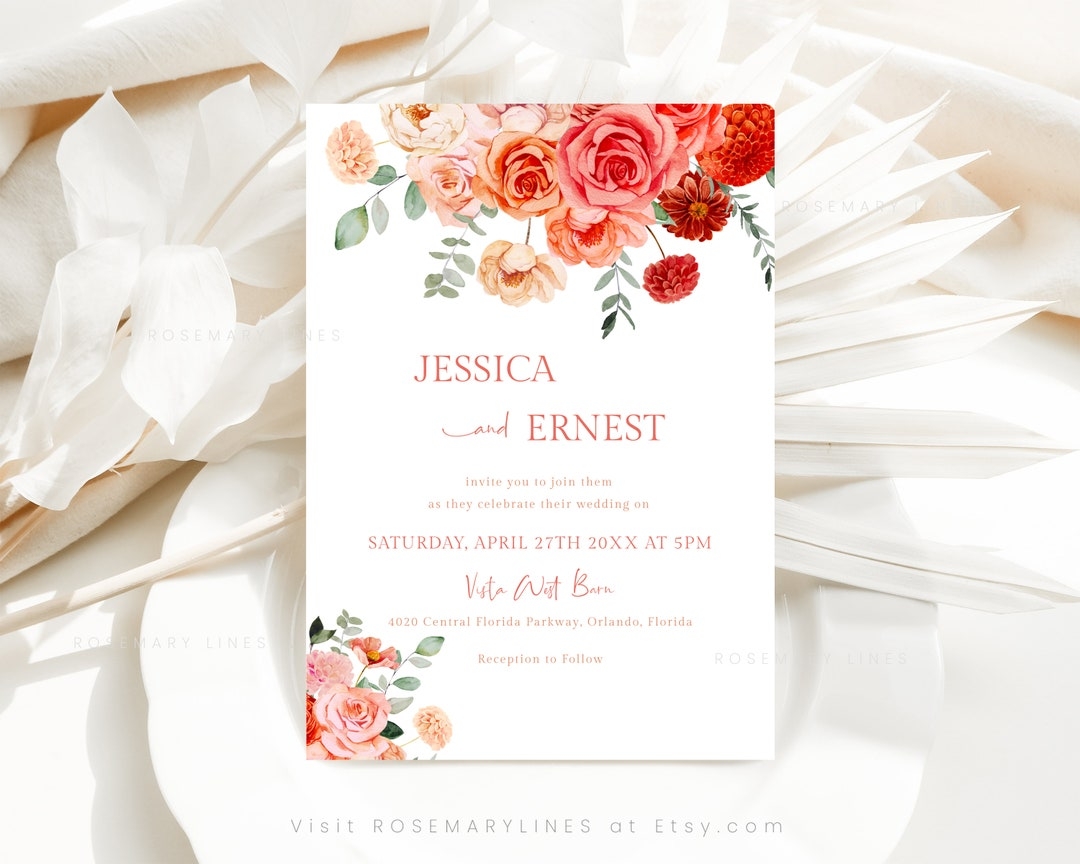 Coral Wedding Invitation Template Bright Vibrant Orange Peach Floral Wedding Invitations Salmon Pink Wedding Invites Blush Greenery 123 Etsy