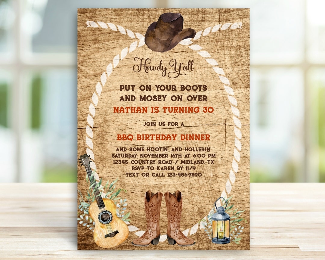 Cowboy Cowgirl Boots Western Adult Birthday Invitation Rustic Country BBQ Hoedown Invite Guitar 21st 30th 40th 50th 60th TEMPLATE 189 Etsy