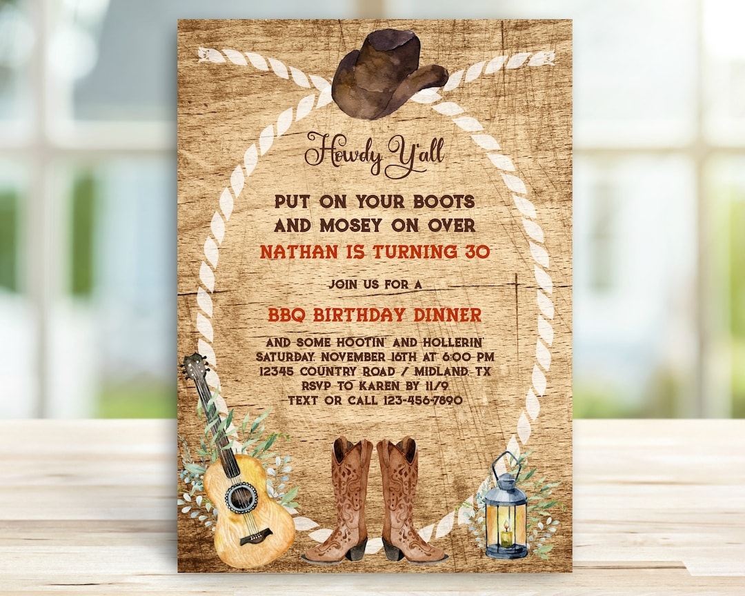 Cowboy Cowgirl Boots Western Adult Birthday Invitation Rustic Country BBQ Hoedown Invite Guitar 21st 30th 40th 50th 60th TEMPLATE 189 Etsy