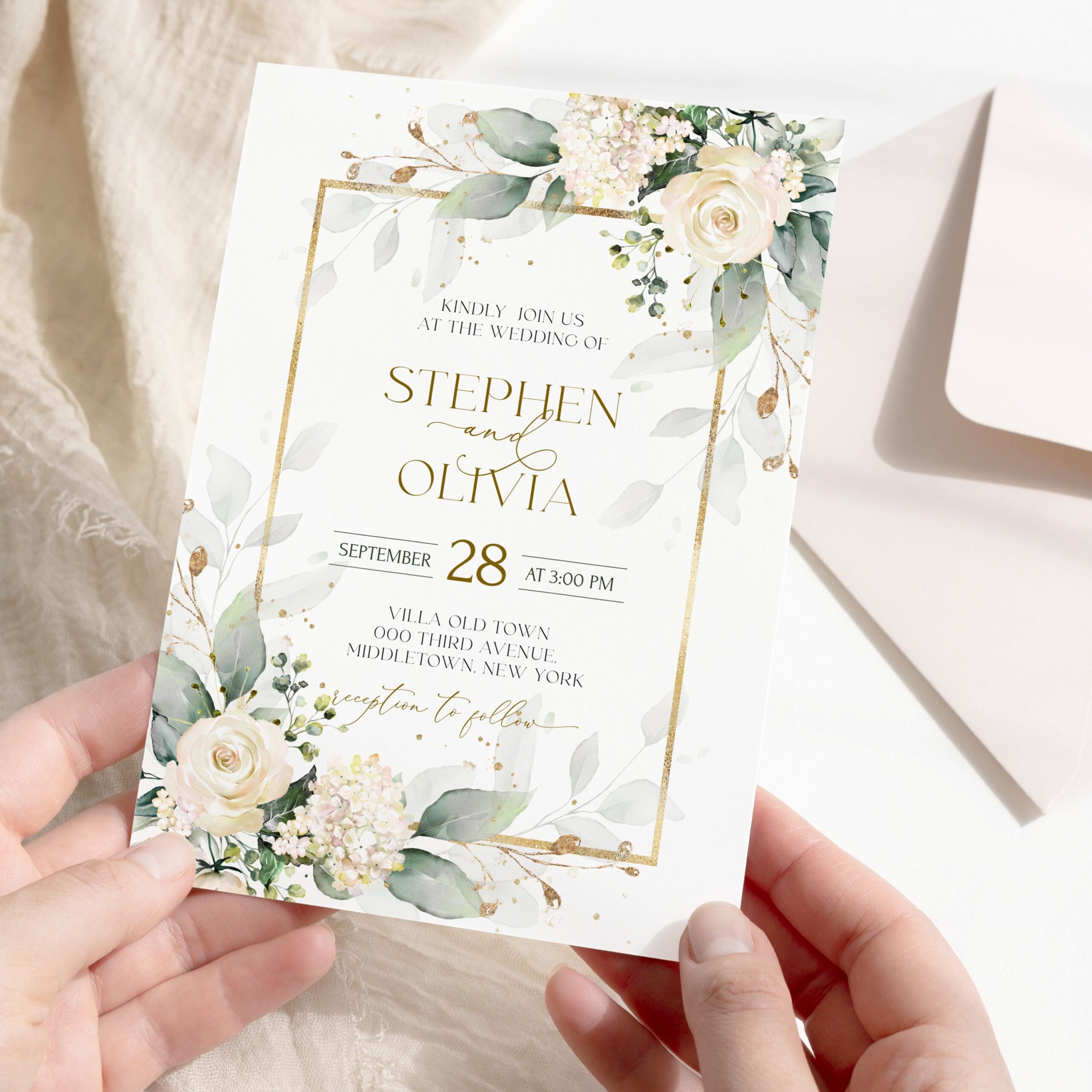 CREAM Flowers Wedding Invitation Template Printable Champaign 