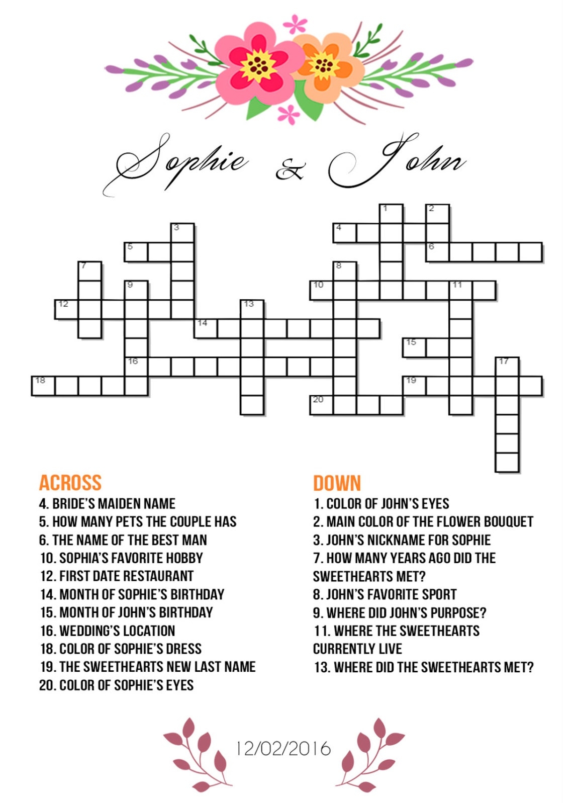 Custom Printable Wedding Crossword Puzzle WHITE WOOD KRAFT Etsy