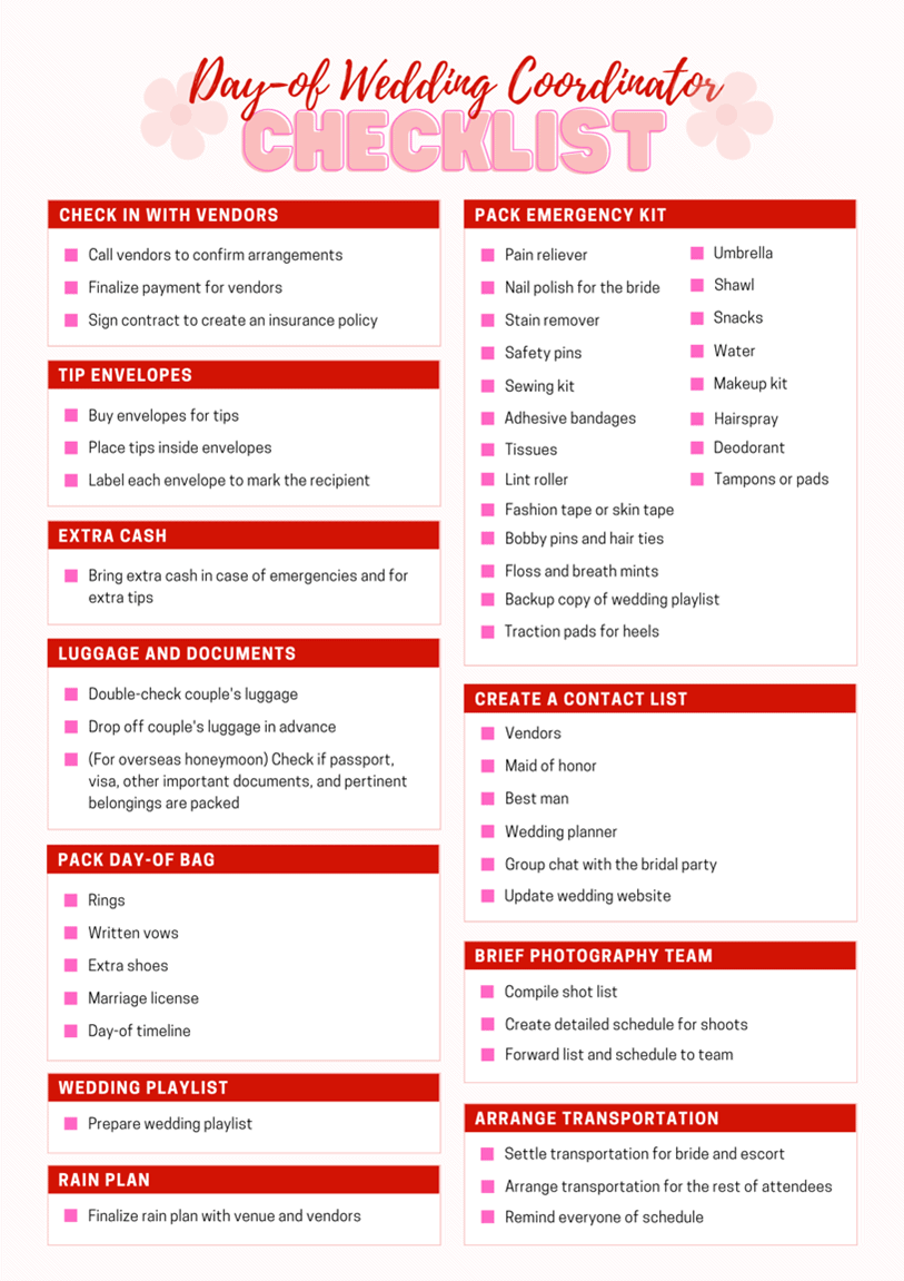 Day Of Wedding Coordinator Checklist A Complete A Z List Wedding 