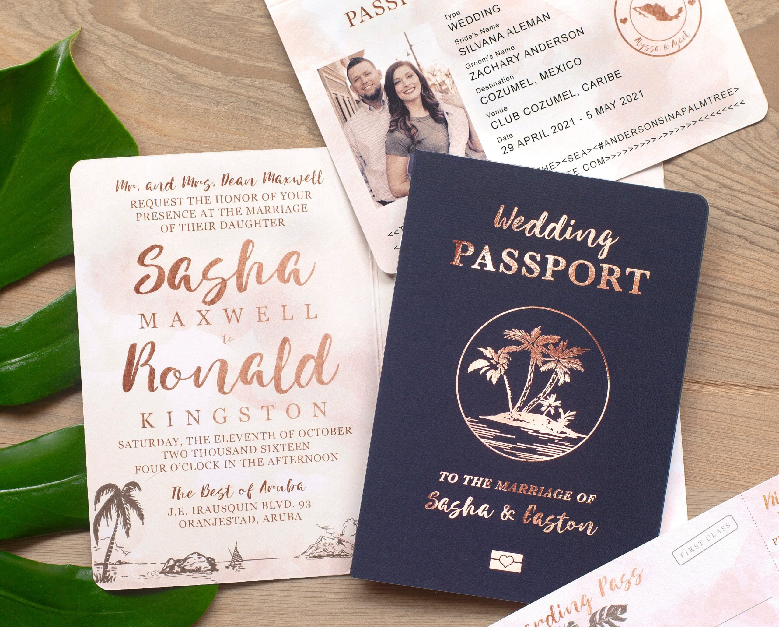 Destination Wedding Passport Invitation Set In Tropical Rose Gold 
