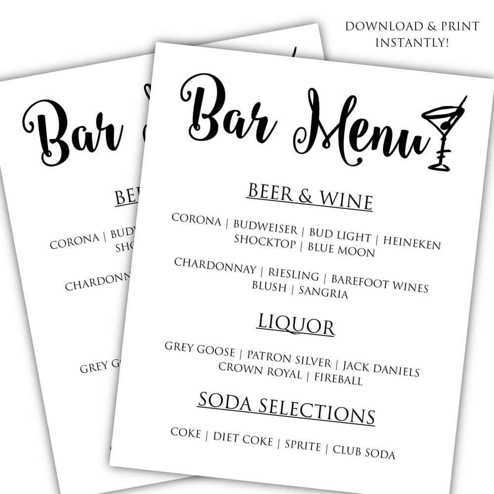 DIY Bar Menu Template Printable Bar Menu Template Wedding Menu Template Posh Pixel Designs Online Store Powered By Storenvy