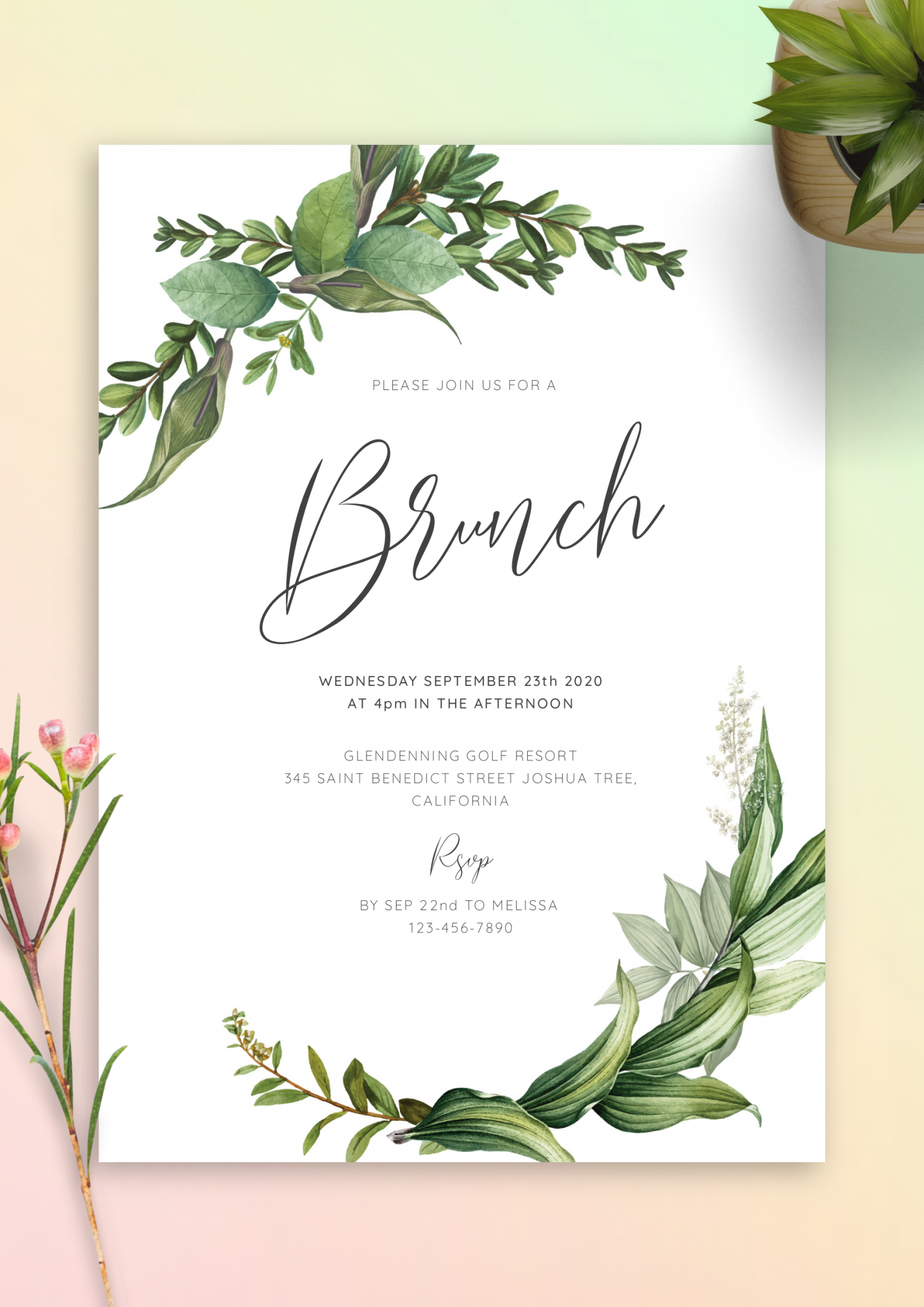 Download Printable Green Floral Brunch Invitation PDF