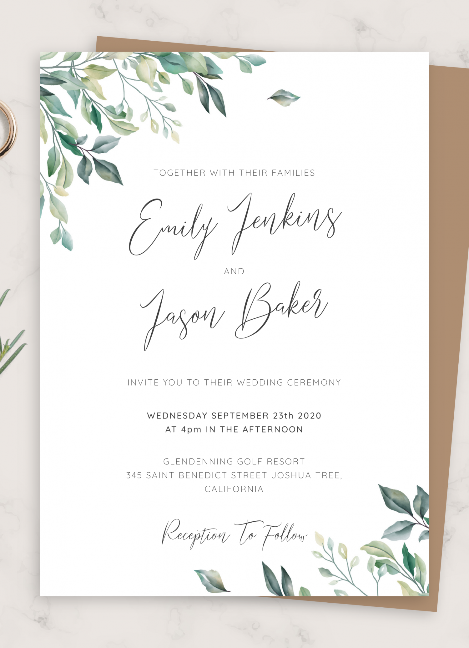 Download Printable Green Leaves Elegant Wedding Invitation PDF