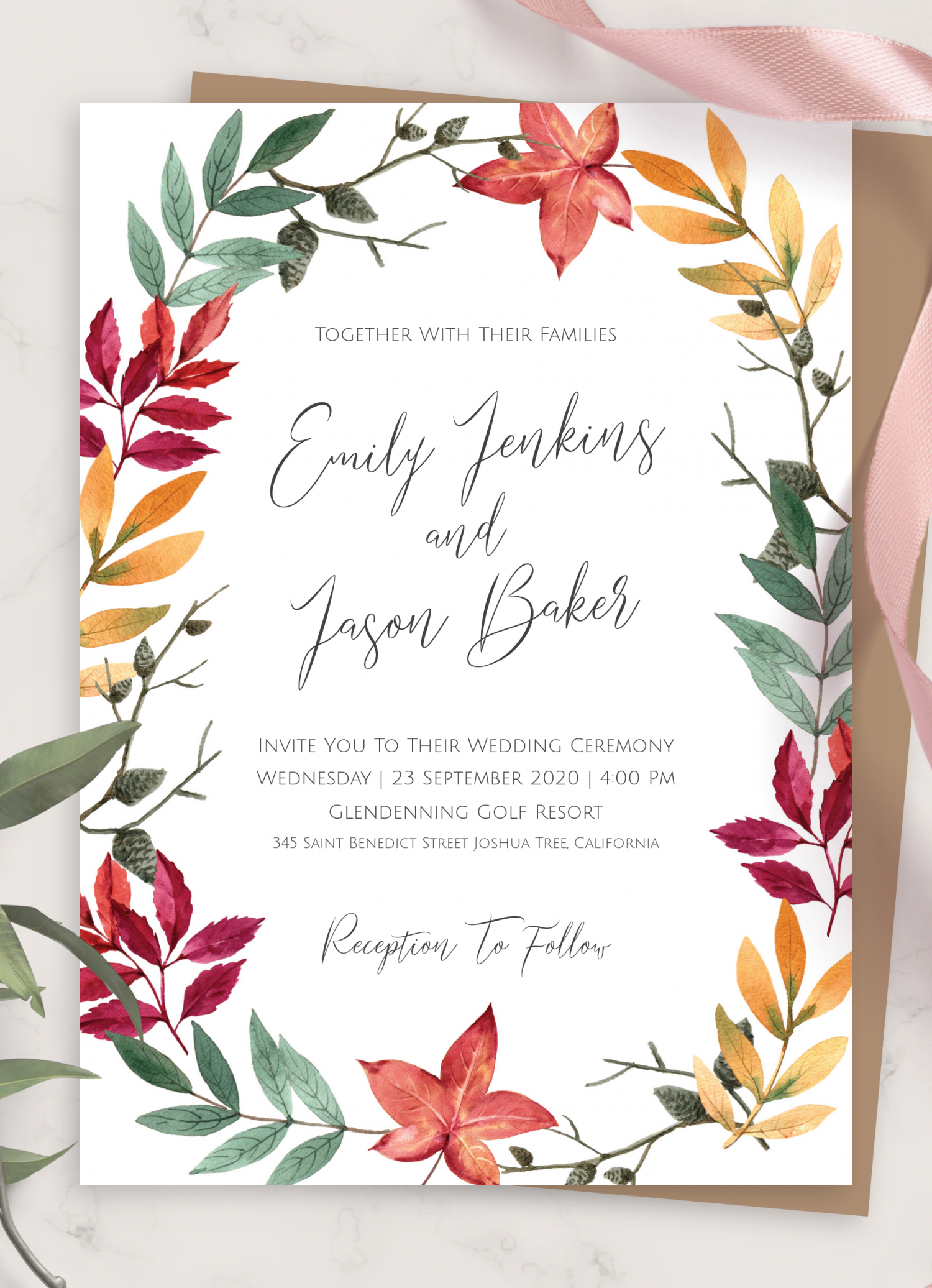 Download Printable Leaf Wreath Fall Wedding Invitation PDF