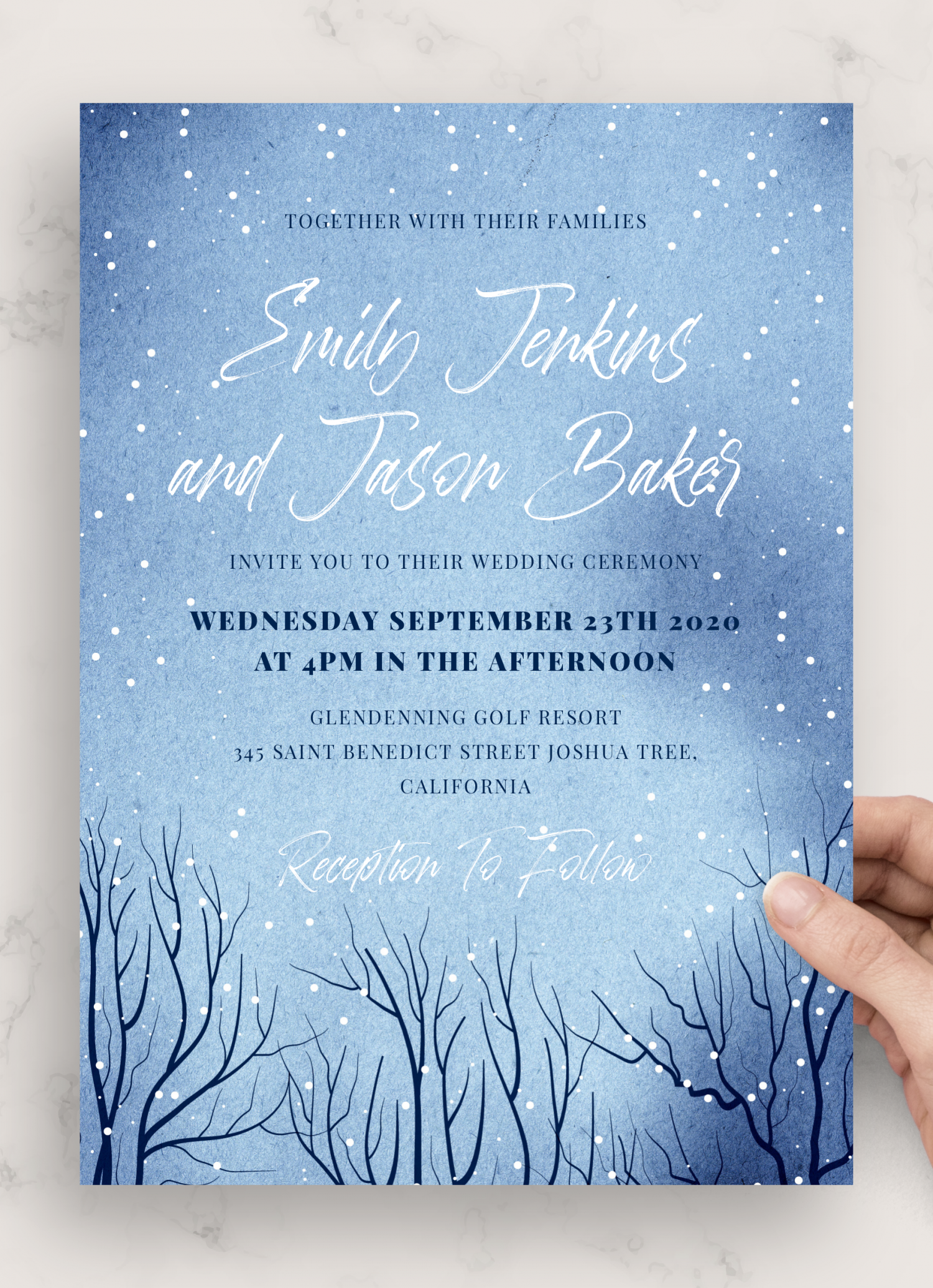 Download Printable Snowfall Winter Wedding Invitation PDF