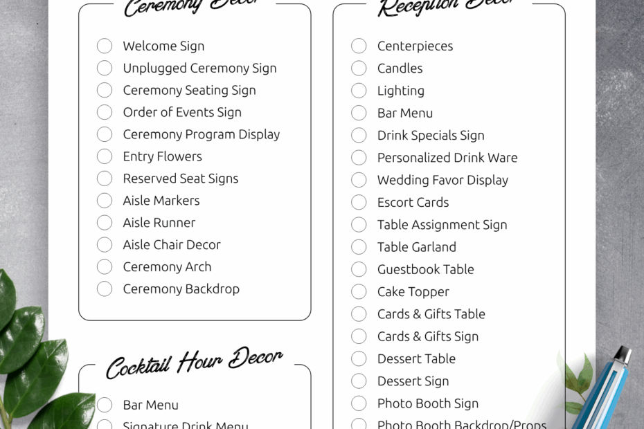 Download Printable Wedding Decor Checklist PDF
