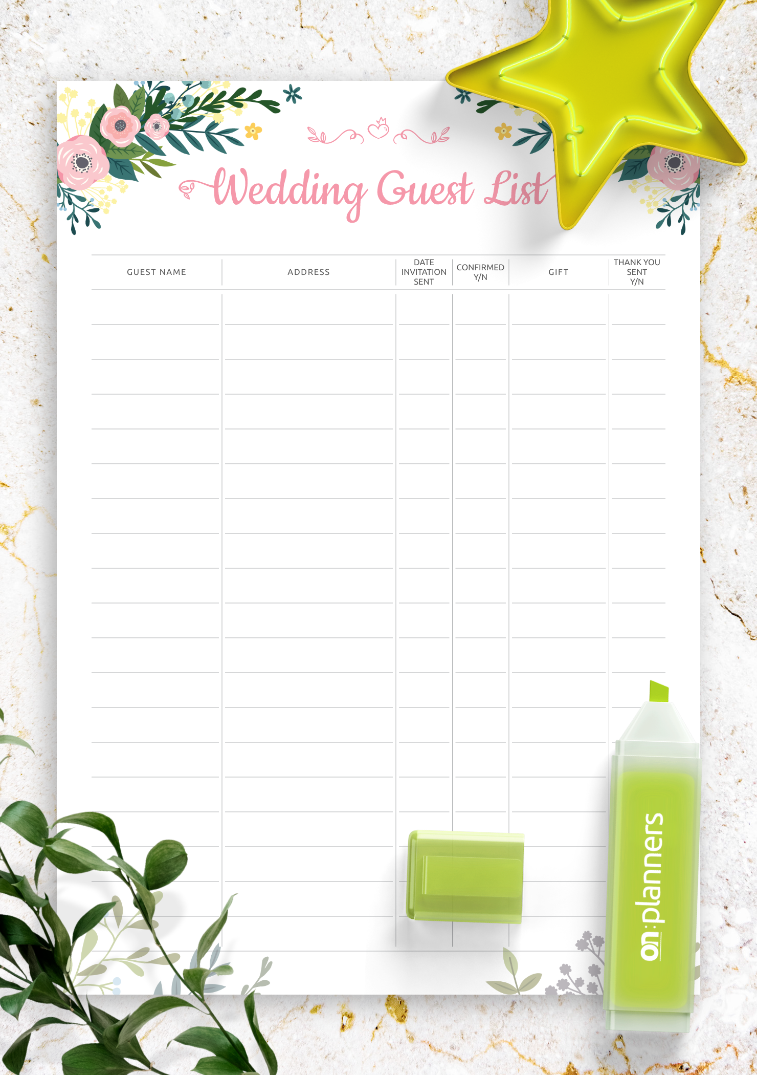 Download Printable Wedding Guest List Template With Floral Pattern PDF