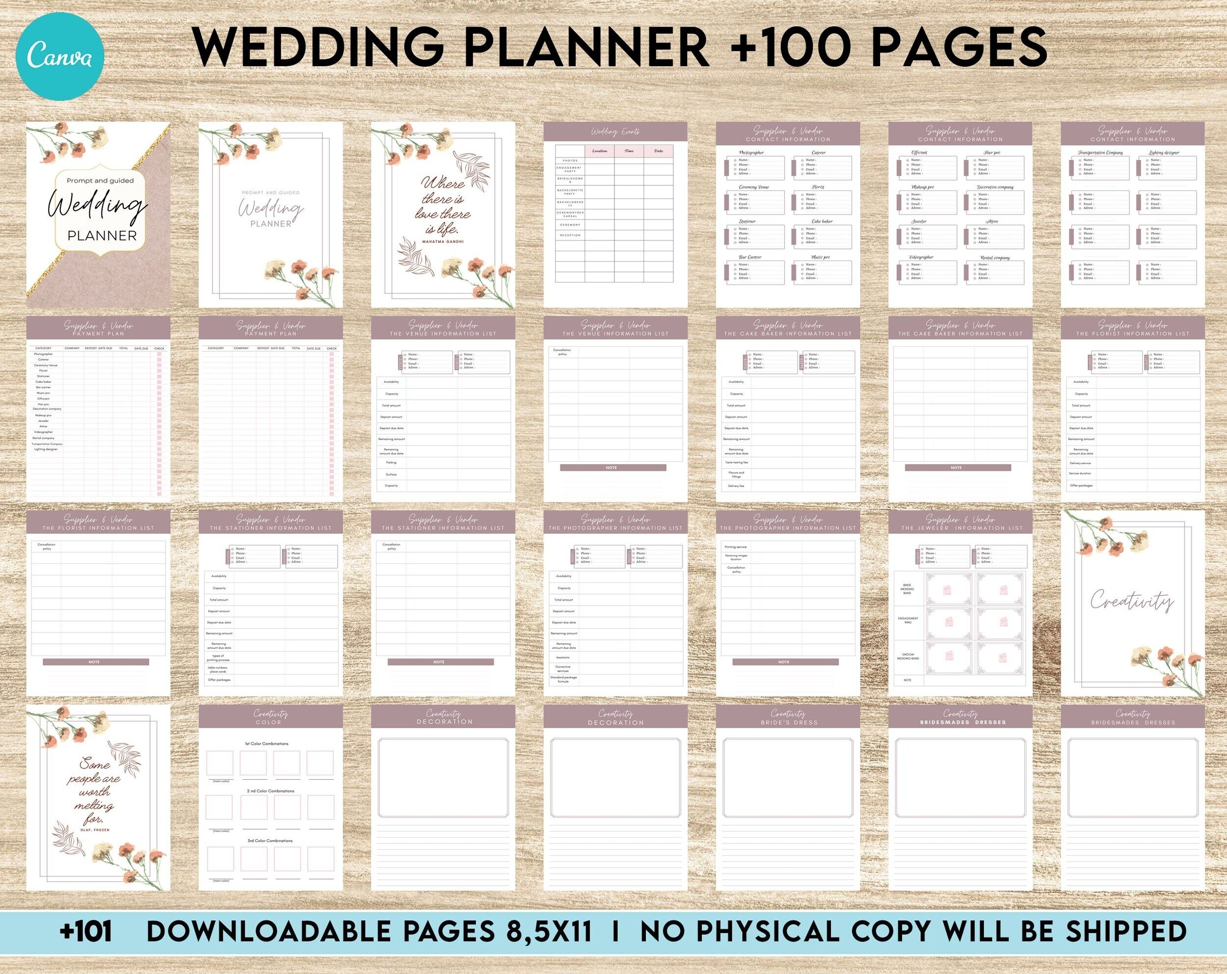 Downloadable Wedding Planner 100 Pages Canva Editable Interior Templates Plan Bundle Book
