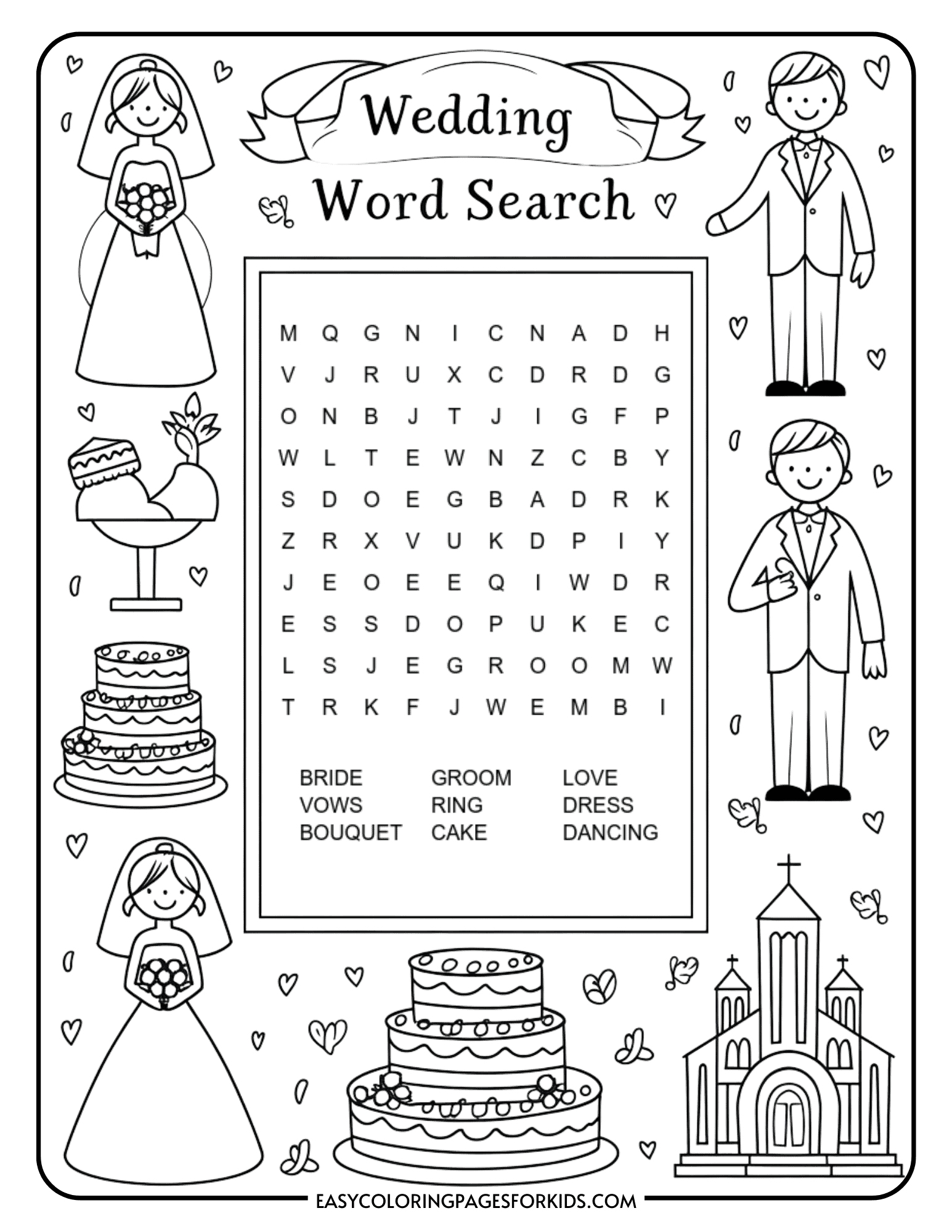 Easy Wedding Word Search 2 Free PDF Pages Easy Coloring Pages 
