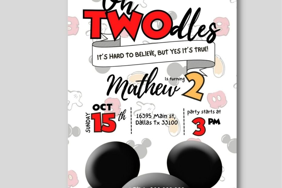 Editable And Printable Oh Twodles Mickey Head Birthday Invitation