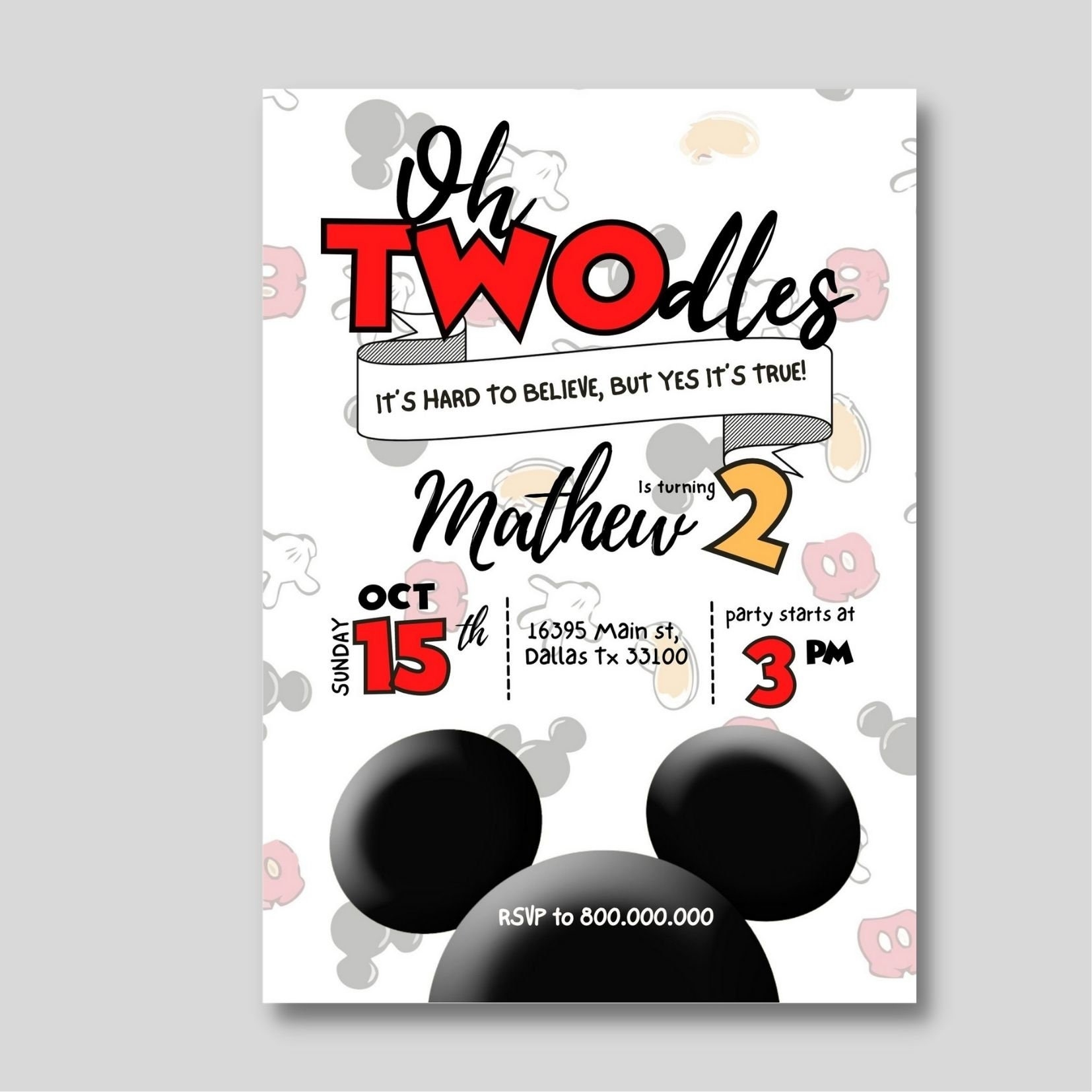 Editable And Printable Oh Twodles Mickey Head Birthday Invitation 