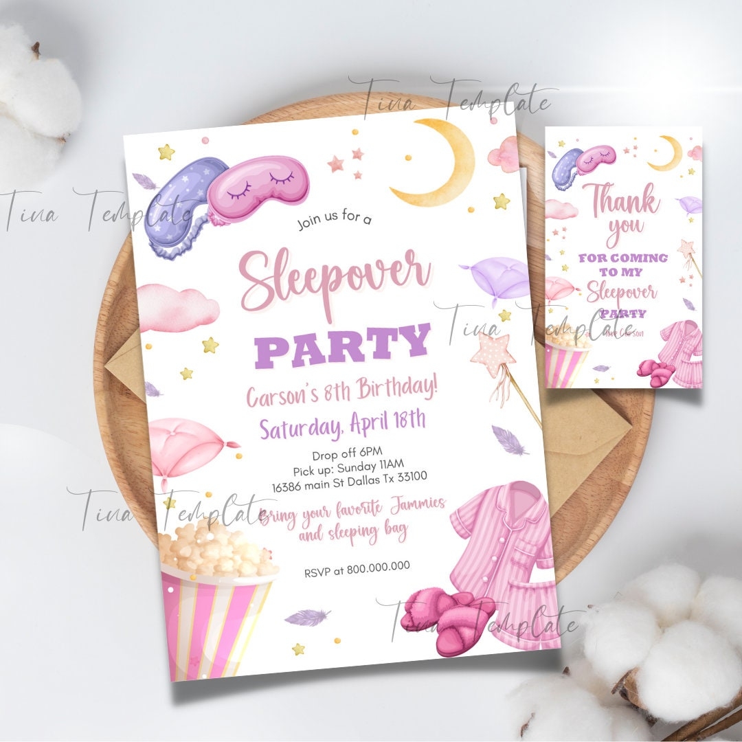 Editable And Printable Sleepover Party Invitation Template Girl Sleepover Invitation Sleepover Party Thank You Tag Template Etsy