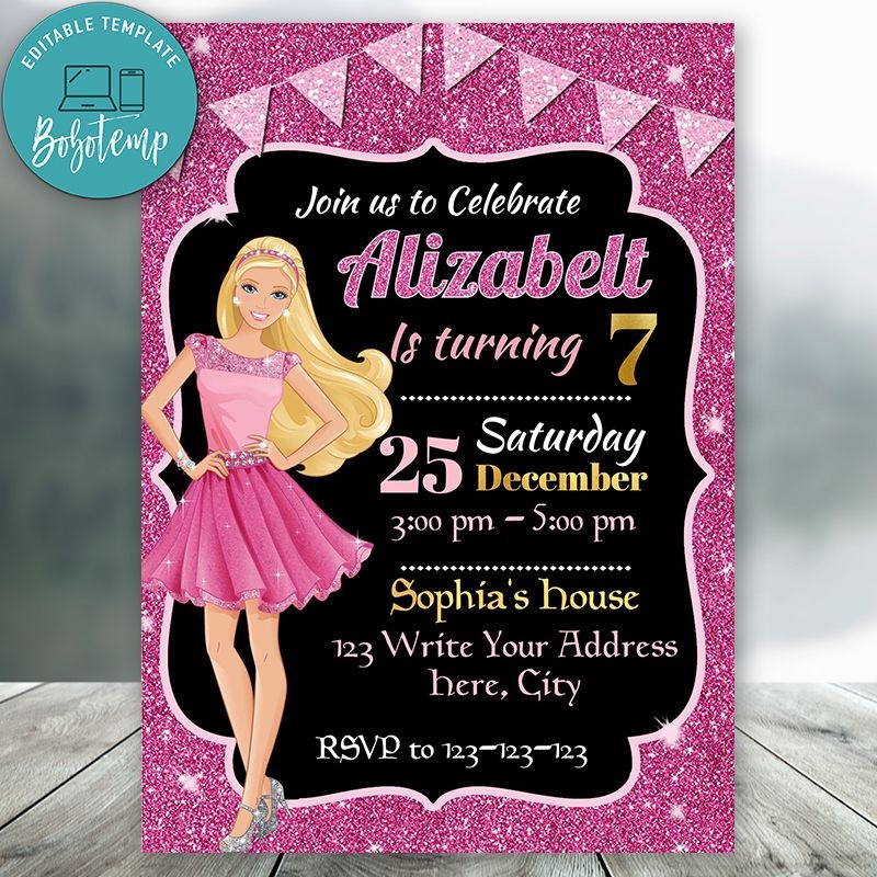 Editable Barbie Invitations Instant Download