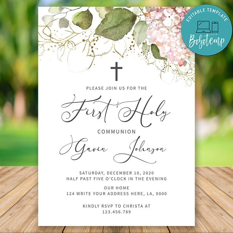 Editable Blush Floral First Holy Communion Invitation Template