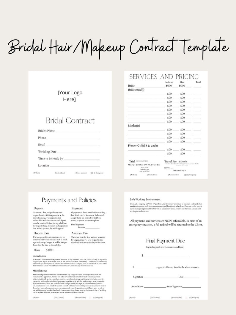 Editable Bridal Hair makeup Contract Template Etsy