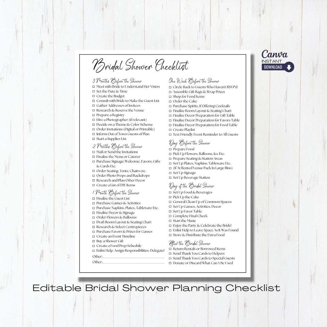 Editable Bridal Shower Planning Checklist Template Printable Wedding Shower Planner Bridal Shower Checklist Bridal Shower List Etsy