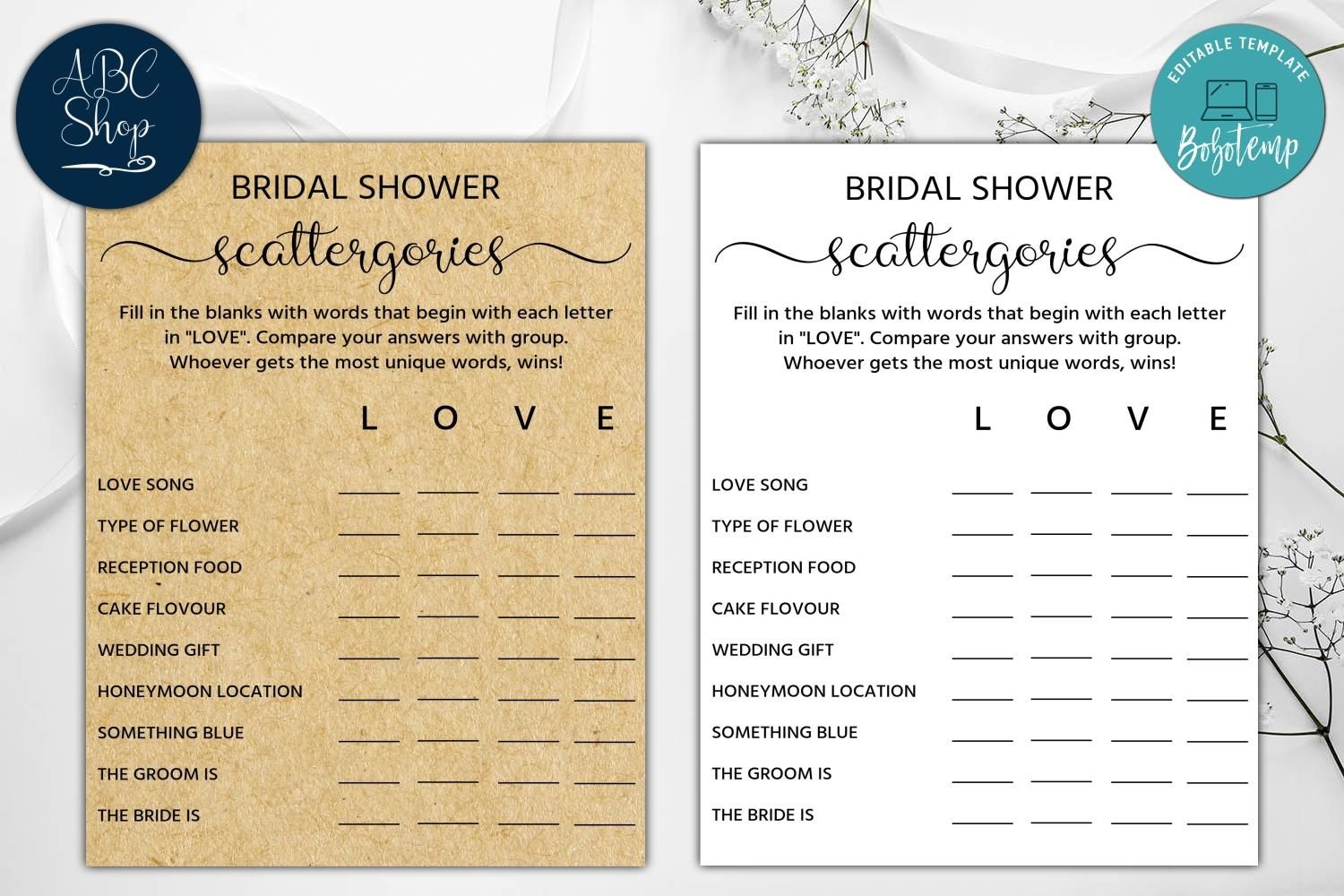 Editable Bridal Shower Scattergories Bridal Shower Game DIY Bobotemp