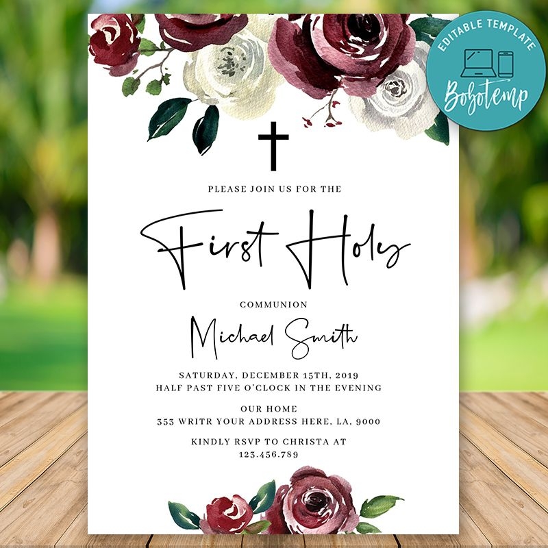 Editable Burgundy Floral First Holy Communion Invitation Template Bobotemp