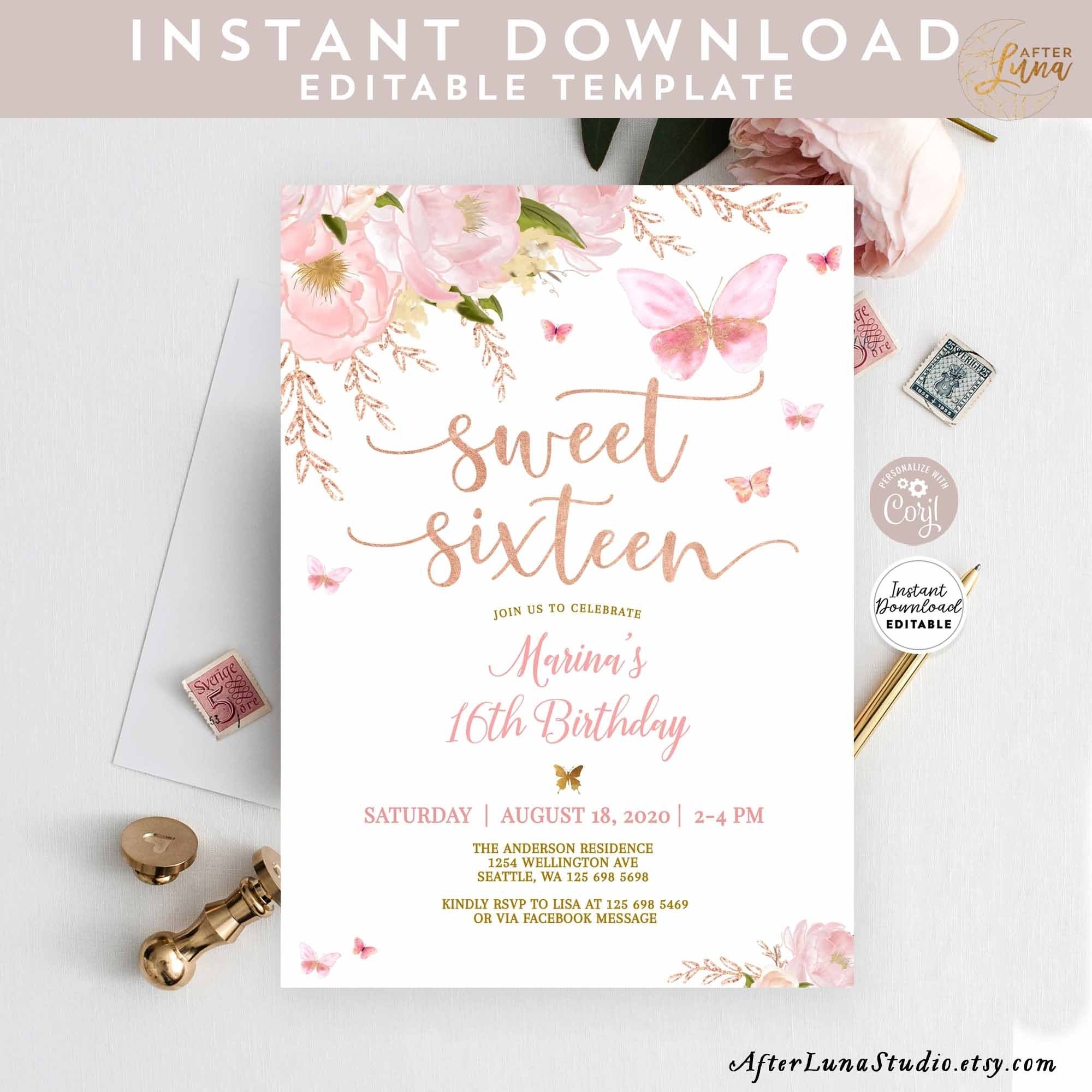Editable Butterfly Pink Rose Gold Sweet 16 Birthday Invitation 
