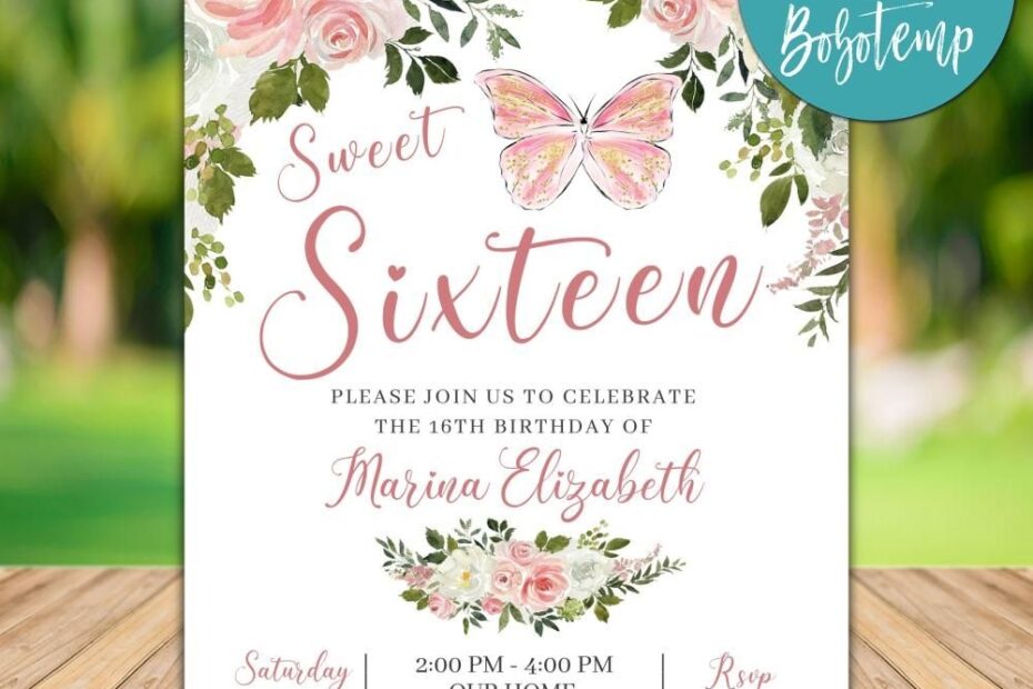 Editable Butterfly Sweet 16th Birthday Invitation DIY Bobotemp