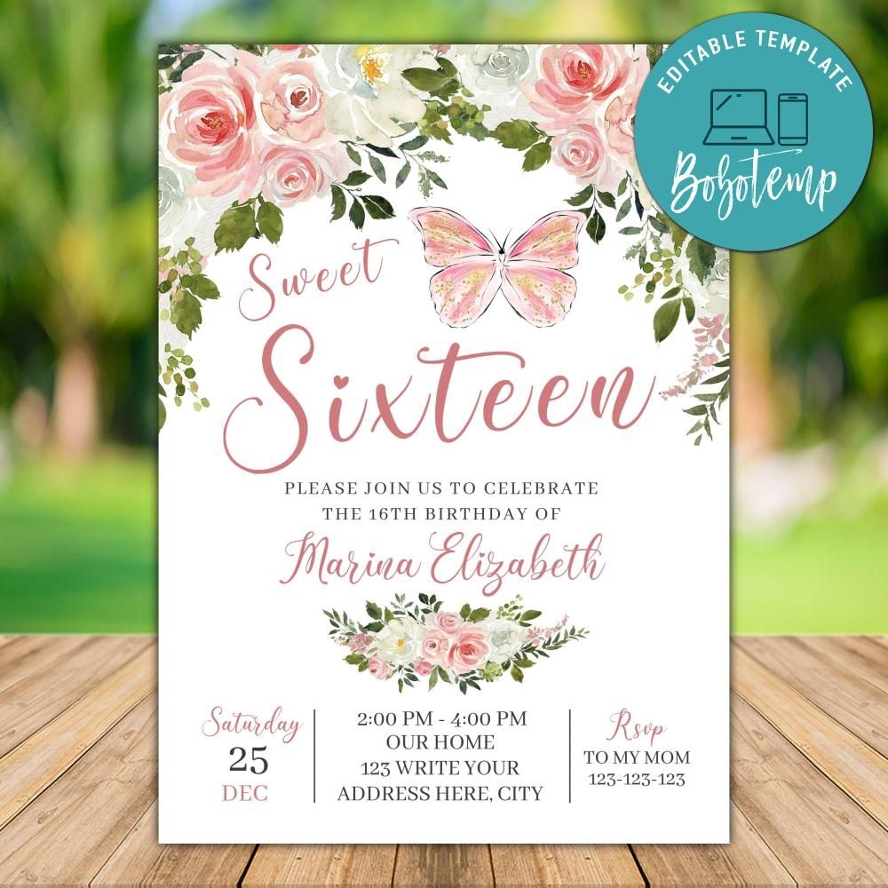 Editable Butterfly Sweet 16th Birthday Invitation DIY