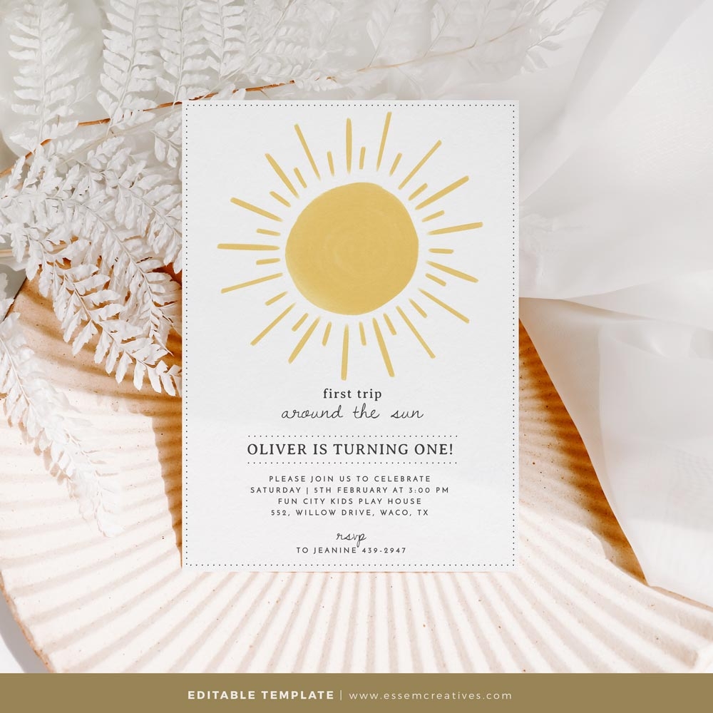 Editable First Trip Around The Sun 1st Birthday Party Invitation You Are My Sunshine First Birthday Invite Template DIGITAL DOWNLOAD 491
