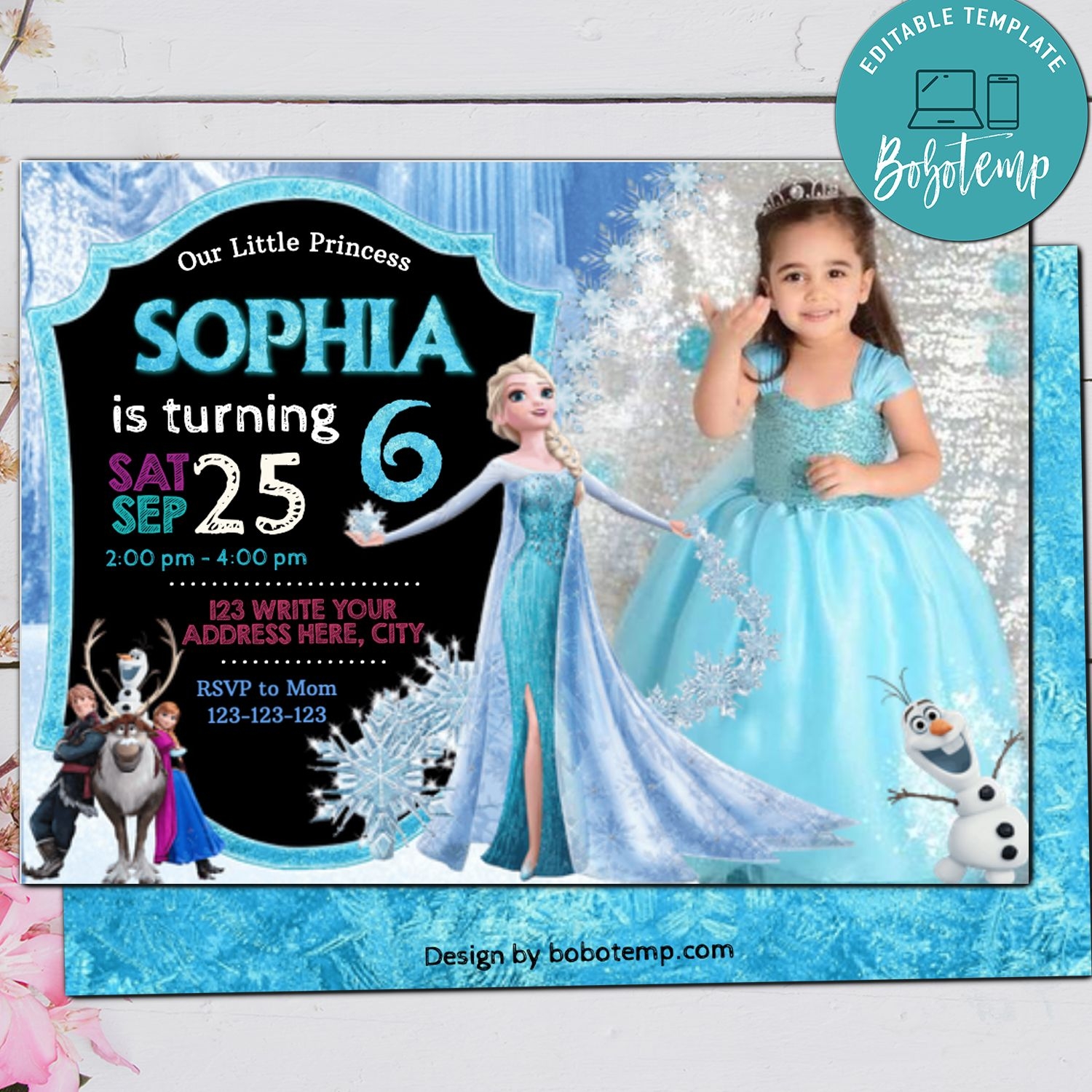 Editable Frozen Elsa With Photo Snowflake Ice Birthday Invite 