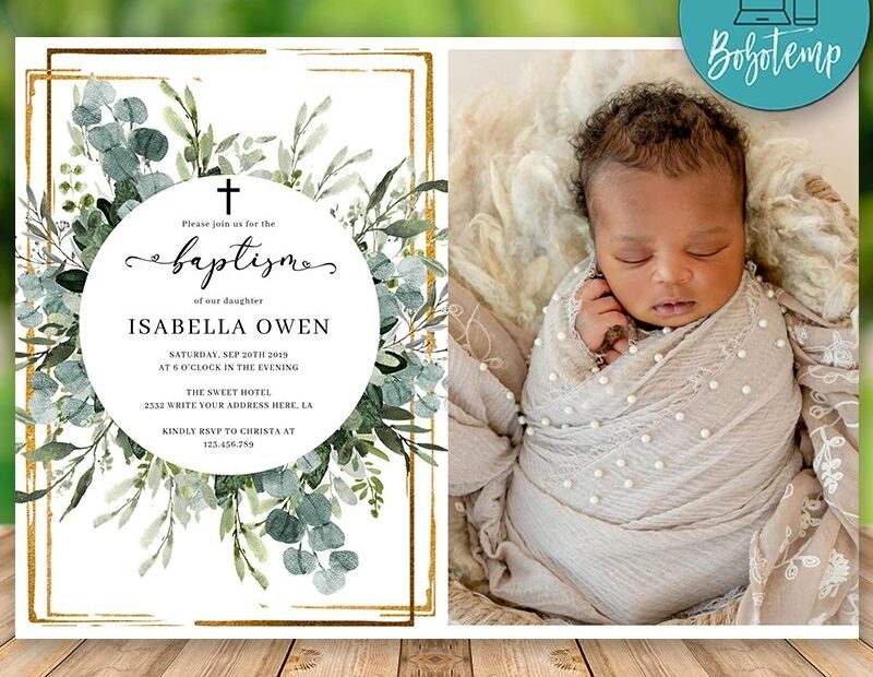 Editable Greenery Gold Baptism Invitation Template With Photo DIY Bobotemp