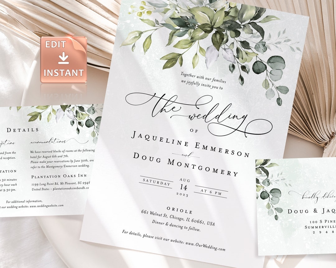 Editable Greenery Wedding Invitation Template Boho Watercolor Eucalyptus Wedding Invite Bohemian Wedding Templates Instant Download REESE Etsy