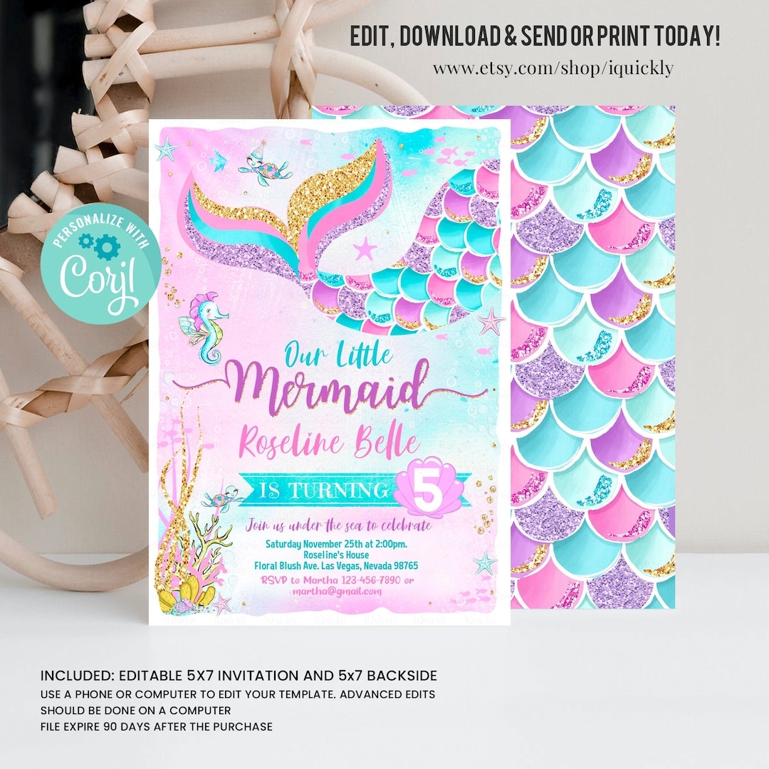 Editable Mermaid Birthday Invitation Mermaid Invite Under The Sea Birthday Party Printable Template Digital Instant Download M1 Etsy