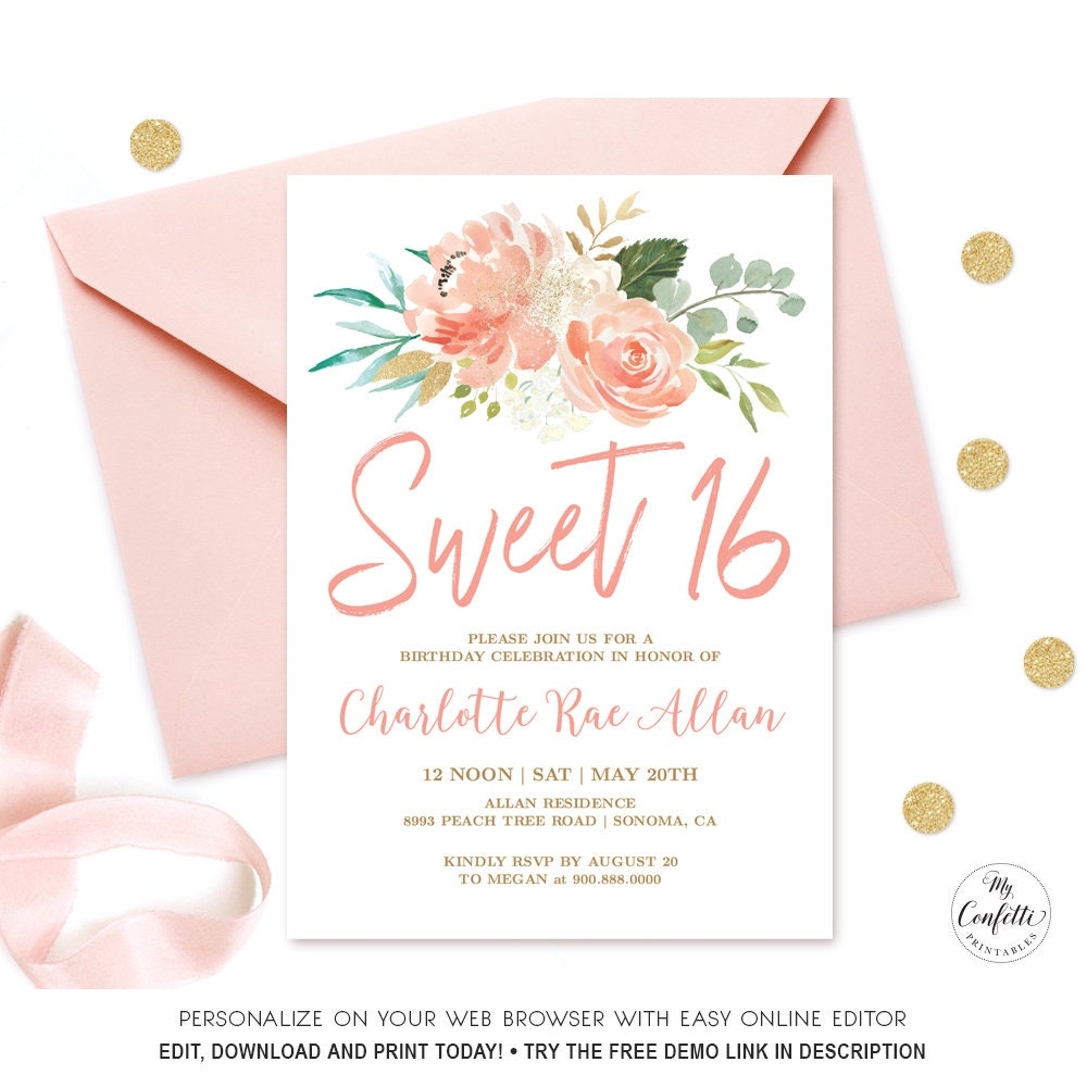 EDITABLE Peach Floral Sweet 16 Birthday Party Invitation Printable Sweet Sixteen Birthday Invitation Template Peach Blush MCP810 CJB Etsy