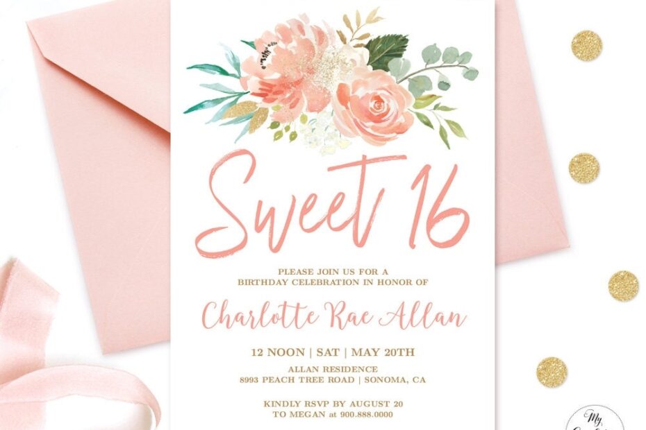 EDITABLE Peach Floral Sweet 16 Birthday Party Invitation Printable Sweet Sixteen Birthday Invitation Template Peach Blush MCP810 CJB Etsy