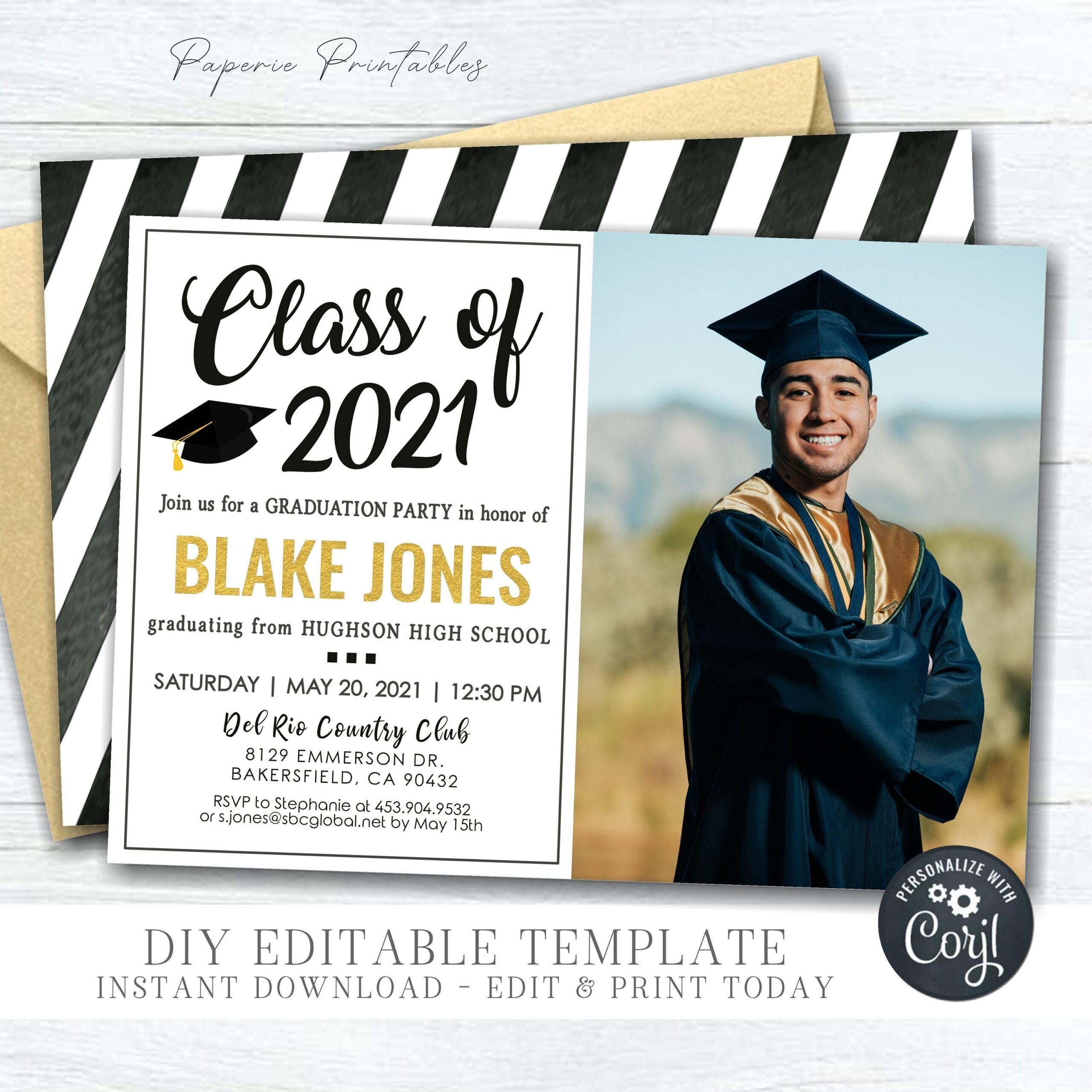 EDITABLE Photo Graduation Party Invitation Gold Foil Graduation 