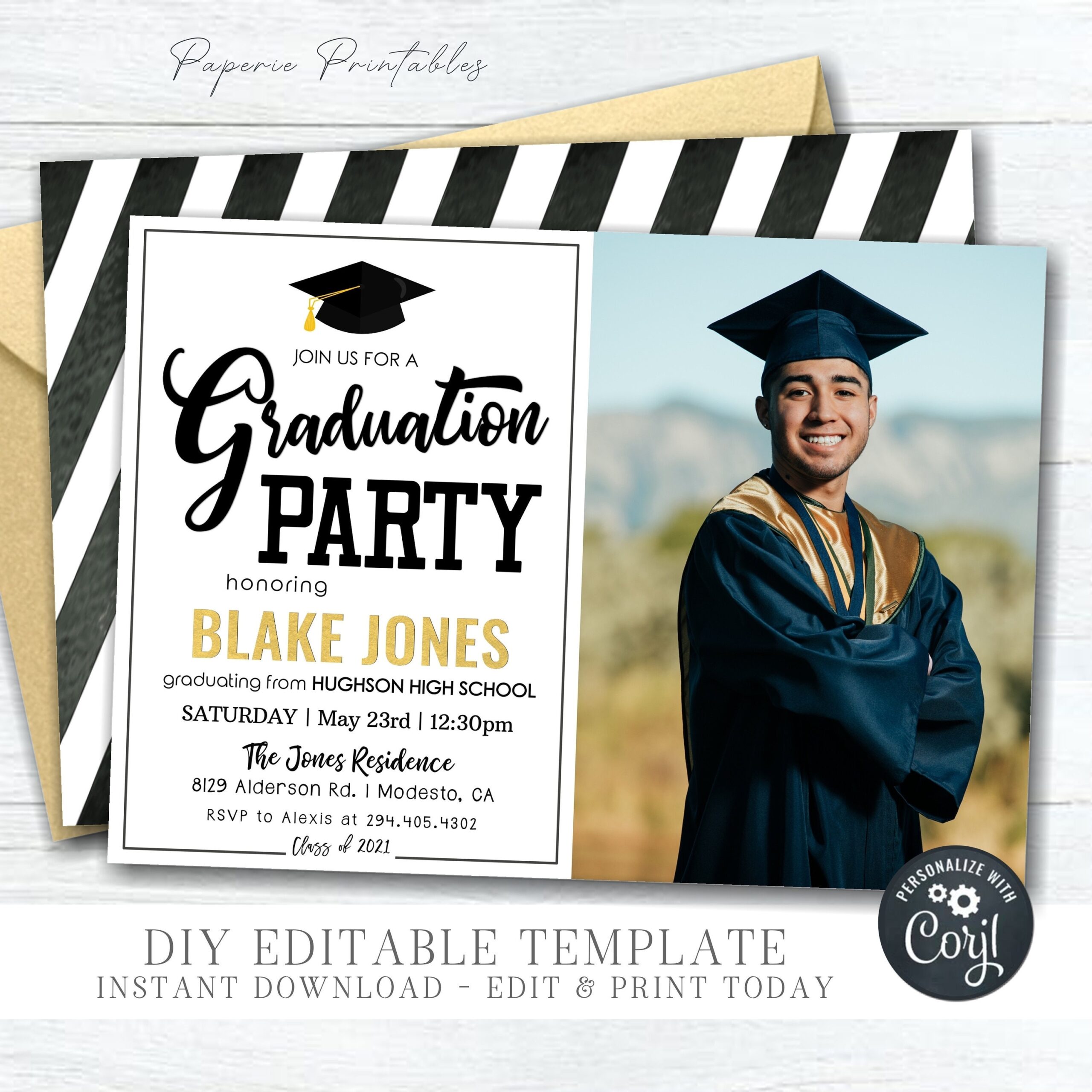 EDITABLE Photo Graduation Party Invitation Gold Foil Graduation 