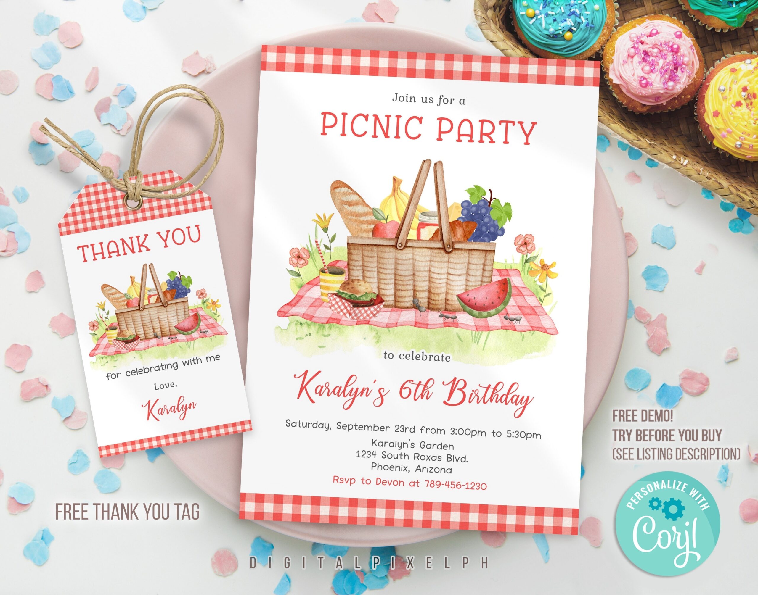 EDITABLE Picnic Birthday Invitation Template Picnic Birthday Invite Picnic Party Invitation Picnic Thank You Tags Etsy