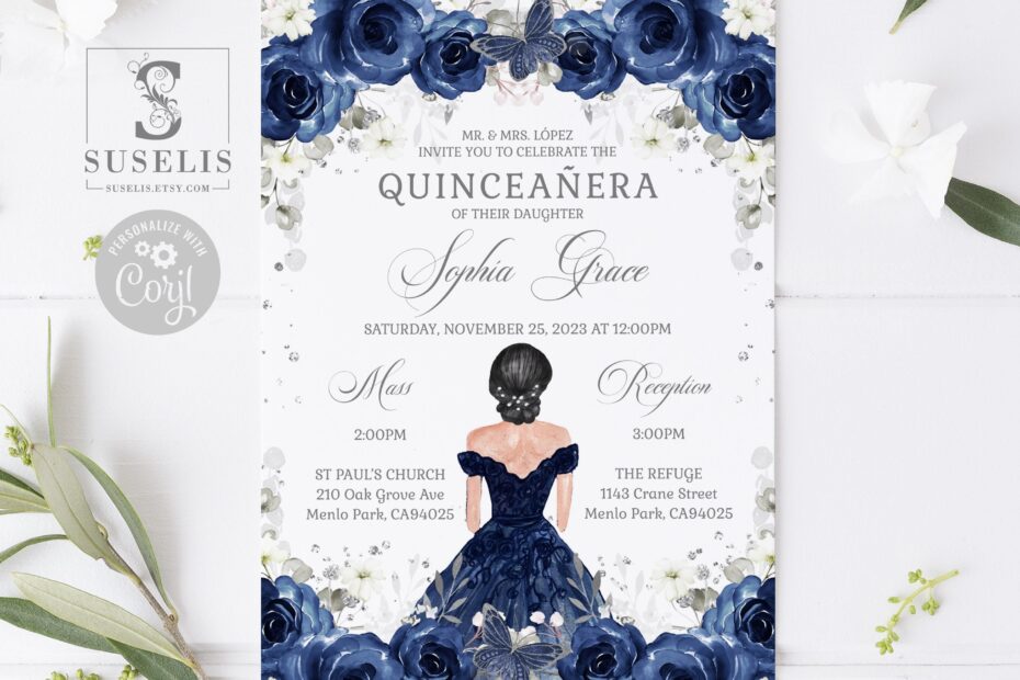 EDITABLE Quinceanera Invitation Back Template Navy Blue Flowers Butterfly Mis Quince Sweet 16 Printable Instant Download QU084 Etsy