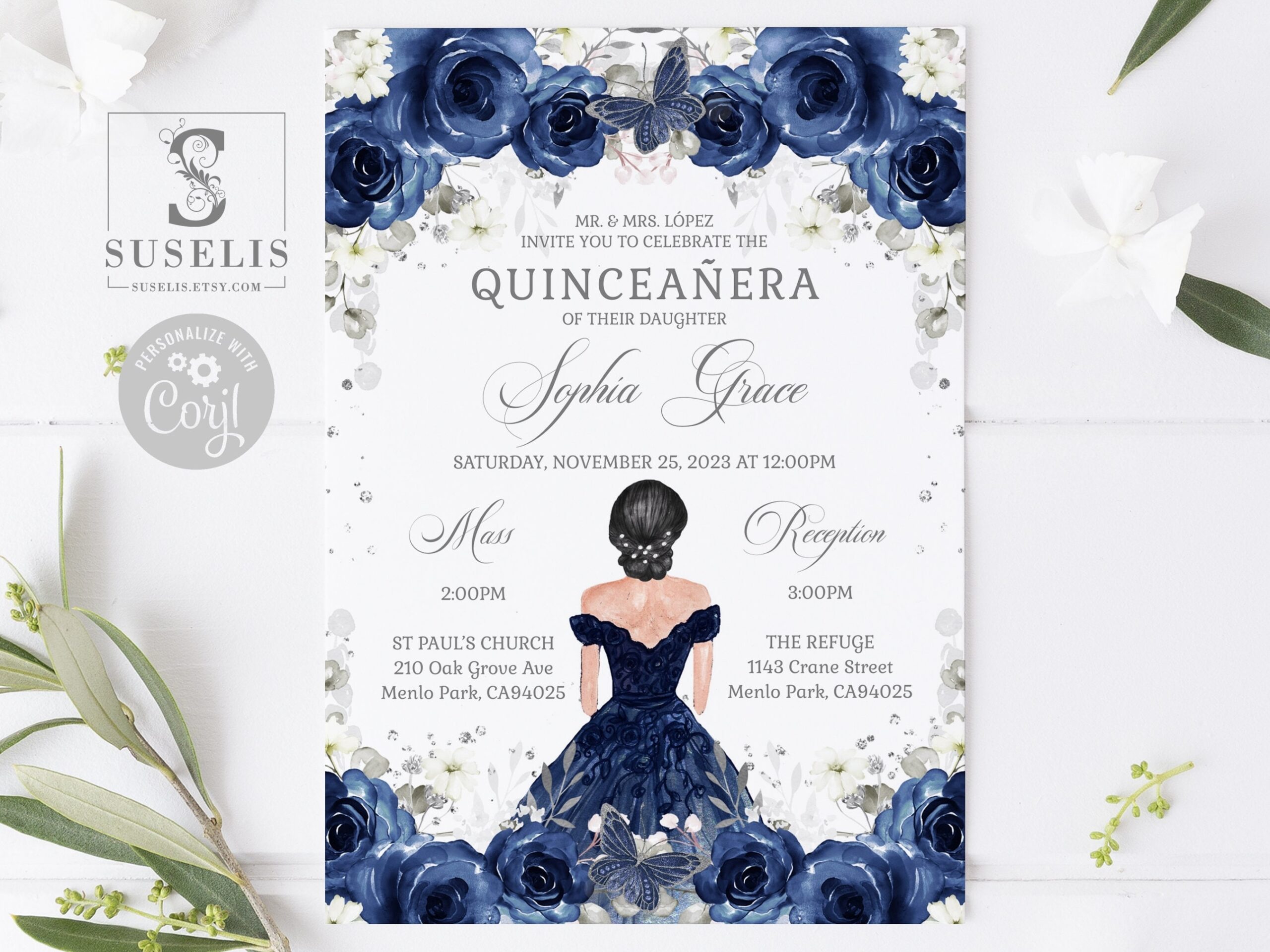 EDITABLE Quinceanera Invitation Back Template Navy Blue Flowers Butterfly Mis Quince Sweet 16 Printable Instant Download QU084 Etsy