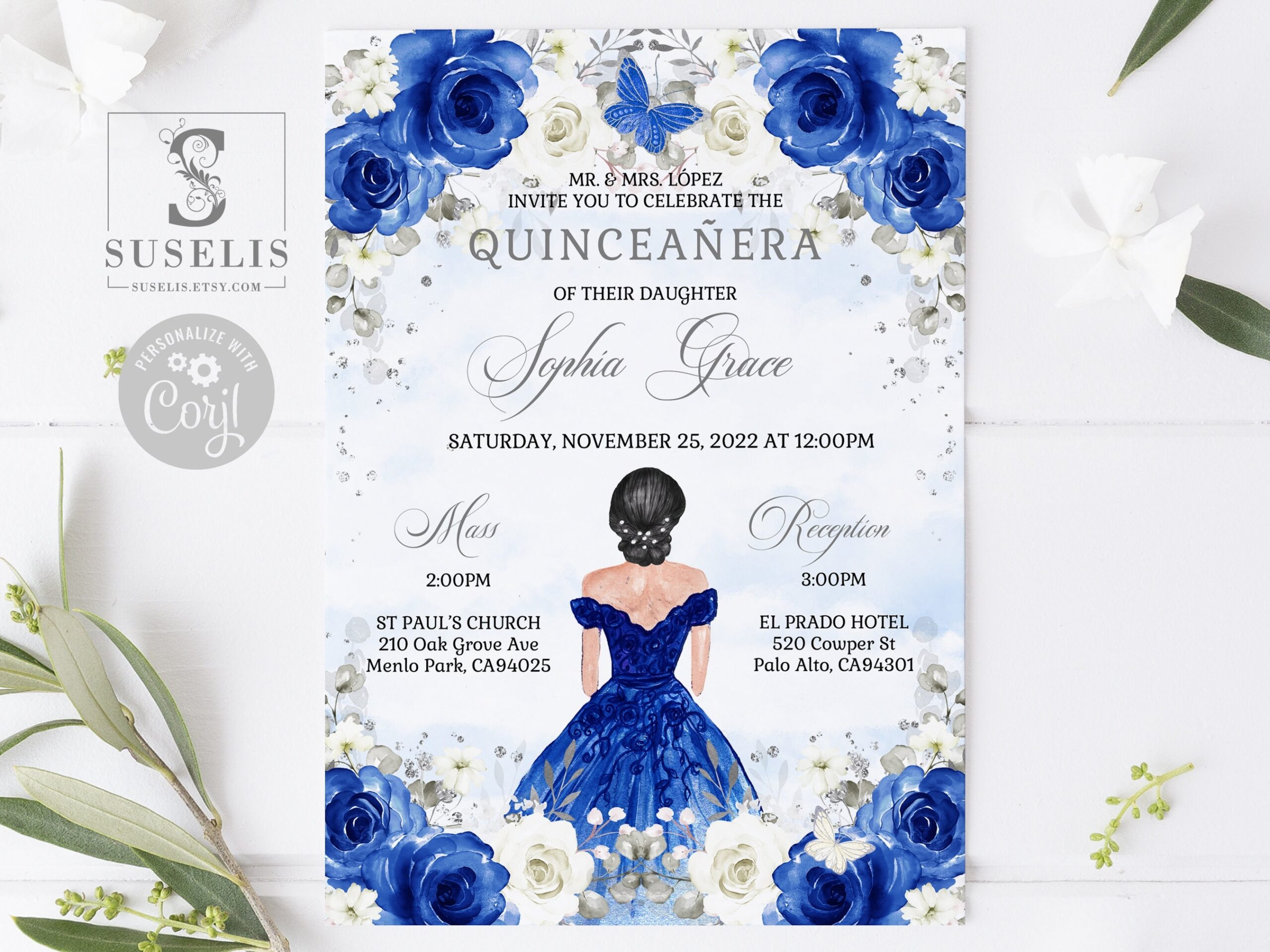 EDITABLE Quinceanera Invitation Template Lista De Padrinos Royal Blue Floral Butterfly Mis Quince Sweet 16 Printable Download QU084 Etsy