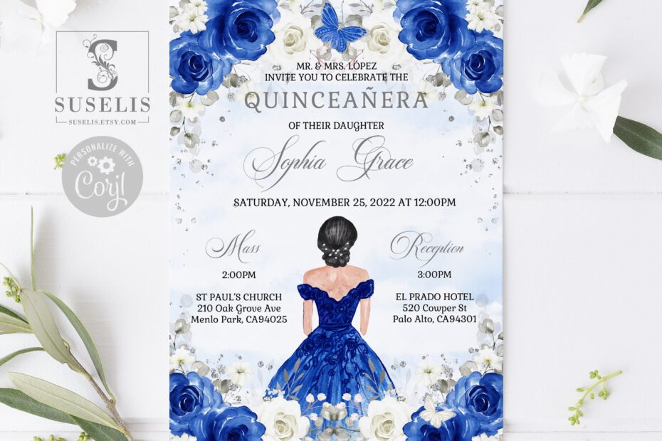 EDITABLE Quinceanera Invitation Template Lista De Padrinos Royal Blue Floral Butterfly Mis Quince Sweet 16 Printable Download QU084 Etsy