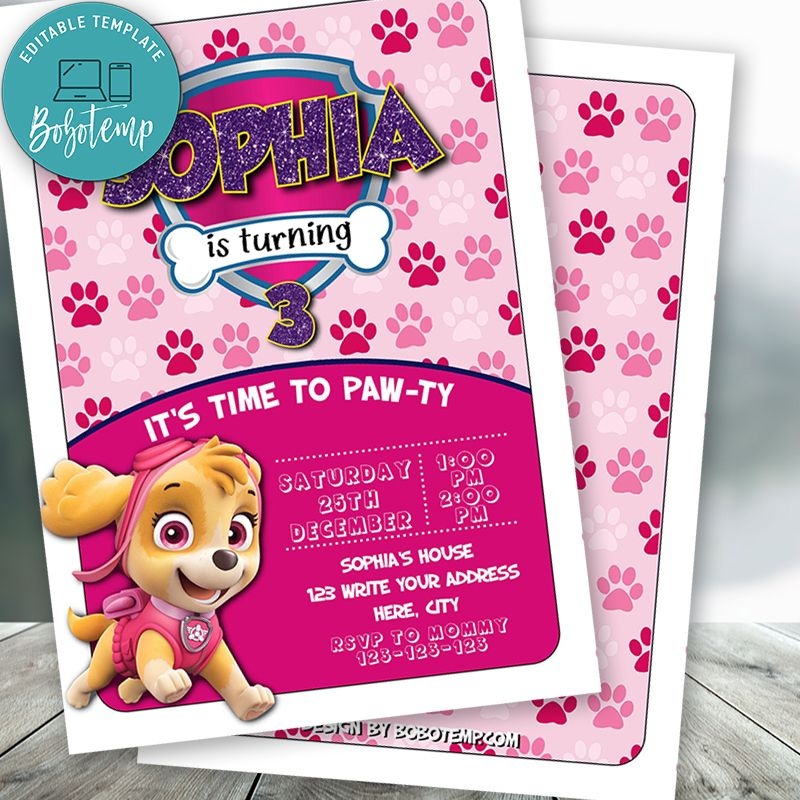 Editable Skye Paw Patrol Birthday Invitations Instant Download Bobotemp