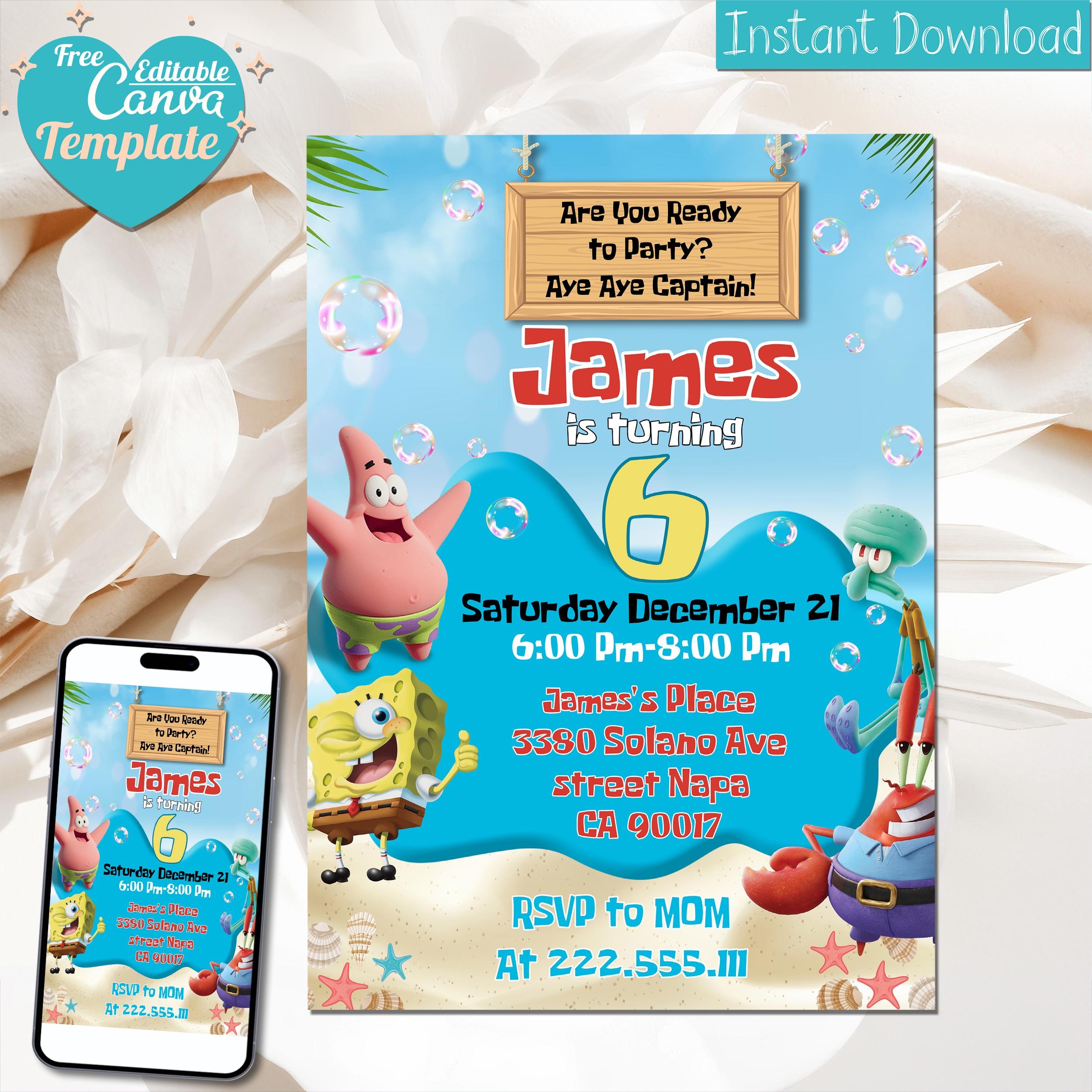 Editable Spongebob Birthday Invitation Template Printable Party Invite Digital Kids Invite Sponge Bob Celebrate Instant Download Etsy