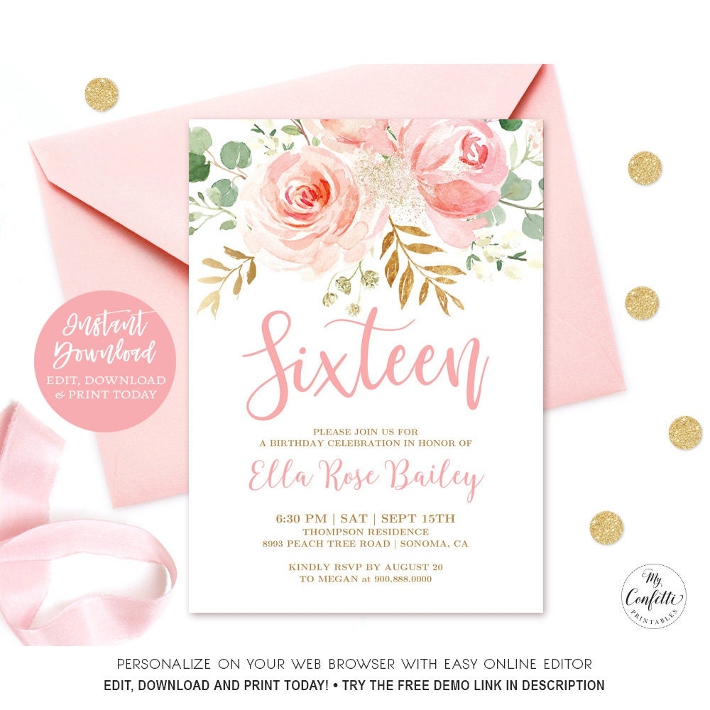 EDITABLE Sweet Sixteen Birthday Party Invitation Printable 16th 